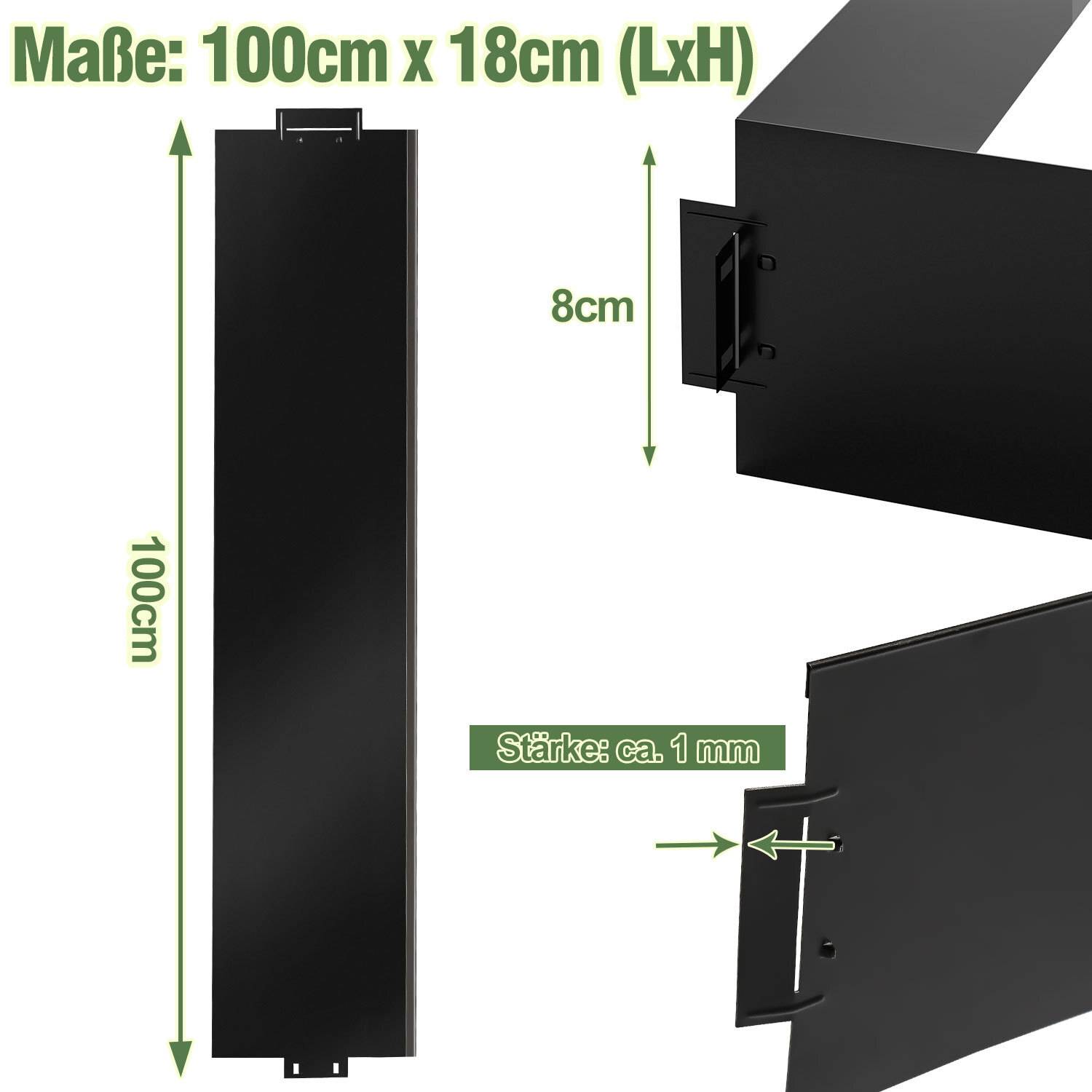 Maße: 100cm x 18cm (LxH) und Stärke ca. 1 mm auf schwarzen Metallregalbildern mit Maßangaben in Zentimetern angezeigt.