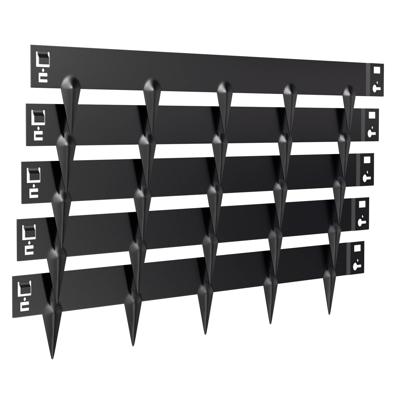 Ein Gitter aus schwarzen, spitzen Stacheln, das als Abschreckungsbarriere konzipiert ist, dargestellt in Reihen ausgerichtet mit Befestigungsklammen an den Seiten.