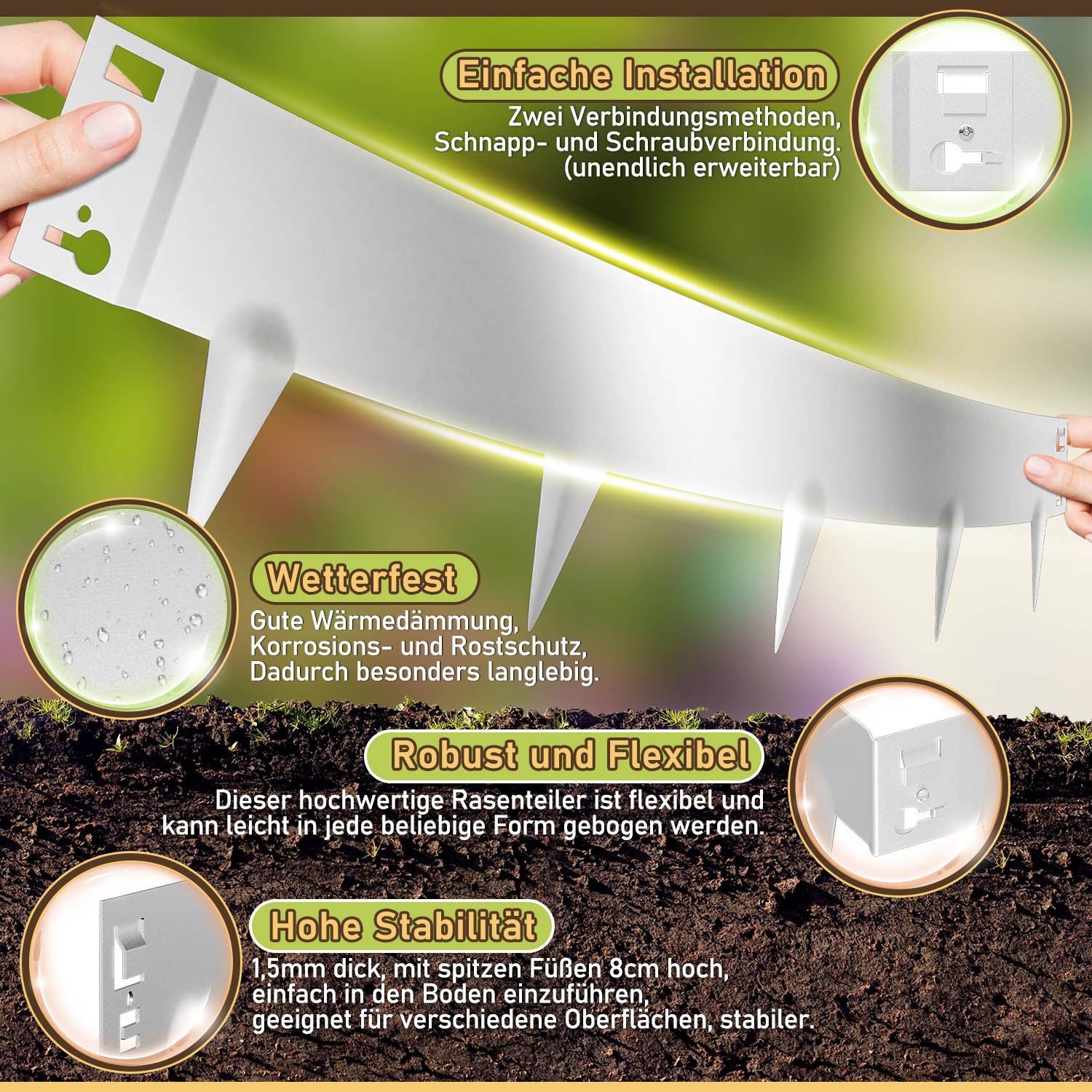Gartenumrandung wird manuell installiert; Merkmale sind einfache Verbindung, Witterungsbeständigkeit, Robustheit, Flexibilität und Stabilität.