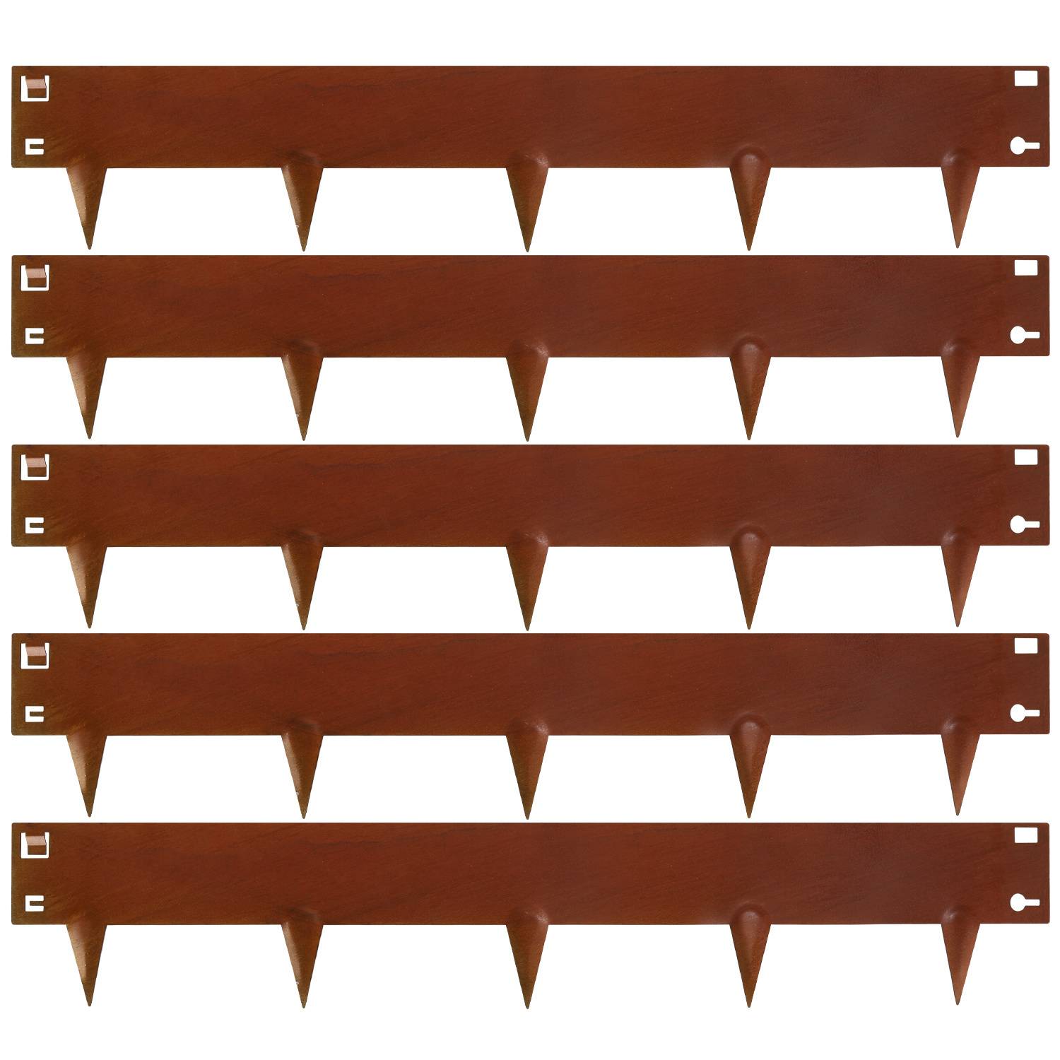 Fünf braune Gartenrandstreifen mit spitzen Enden zum Einstechen in den Boden, mit kleinen quadratischen Ausschnitten auf einer Seite.