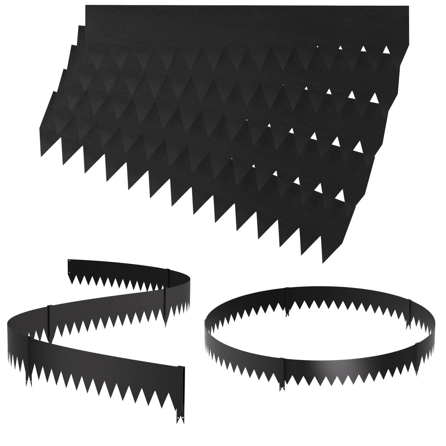 Schwarze gezackte Kunststoffstreifen, die in kreisförmigen und wellenförmigen Formen aufgerollt sind und Sicherheitsabschreckungsmittel ähneln.