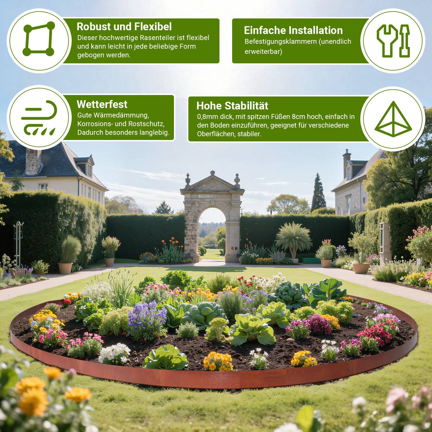 Ein kreisförmiges Gartenbeet mit bunten Blumen steht im Vordergrund und ist in einen sauber gepflegten Rasen eingebettet. Zwei identische große Häuser flankieren den Garten, mit einem sichtbaren Bogen und einer entfernten Landschaft. Kreisförmige Symbole geben Details: „Robust und Flexibel