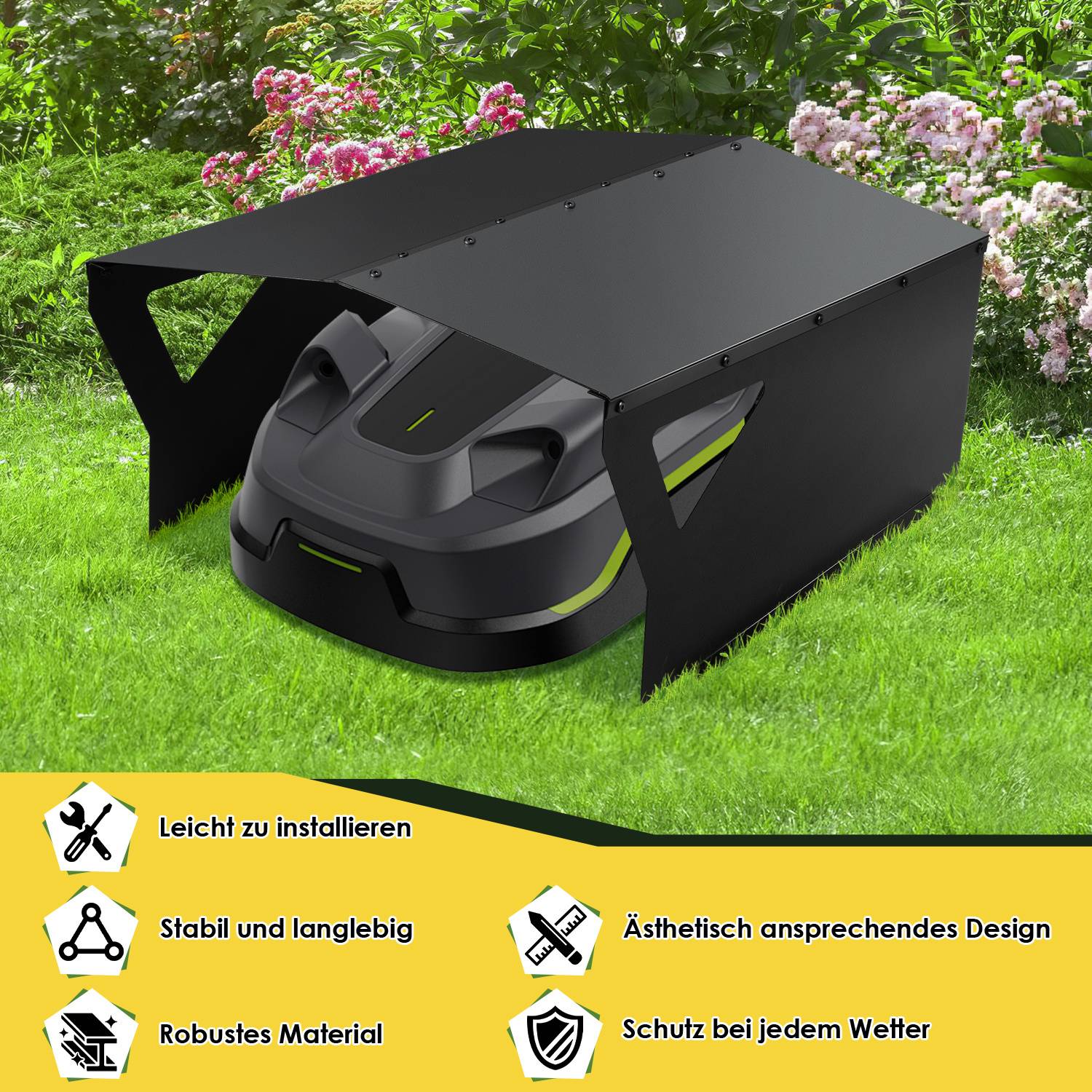Ein robotischer Rasenmäher unter einem schlanken schwarzen Unterstand in einer Gartenumgebung. Das Design des Unterstands betont Haltbarkeit, Stabilität und Wetterschutz.
