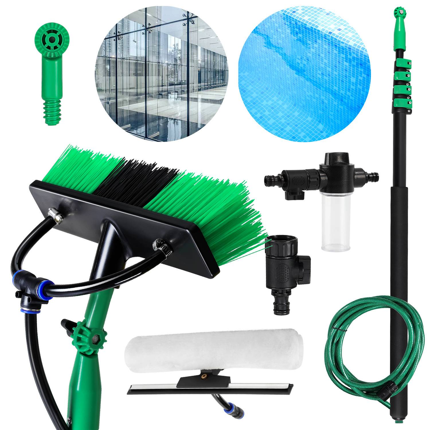 Reinigungsausrüstungsset mit Teleskopstange, Bürstenkopf, Sprühdüse, Scheuerbürste, Filter und Schlauch zum Reinigen von hohen Fenstern.