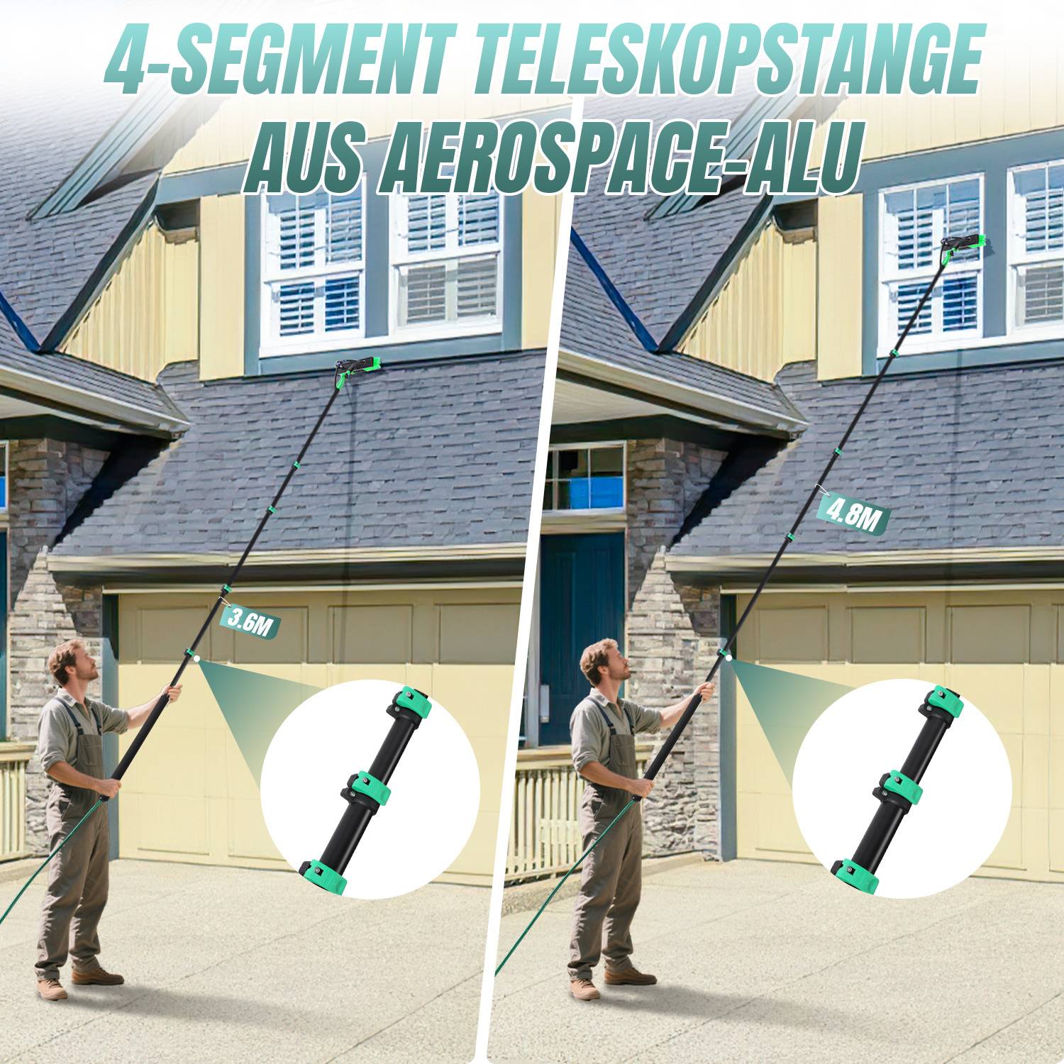 Eine Person nutzt eine 4,8m Teleskopstange zum Reinigen hoher Fenster an einem Haus. Der Text lautet „4-teilige Teleskopstange aus Aerospace-Aluminium