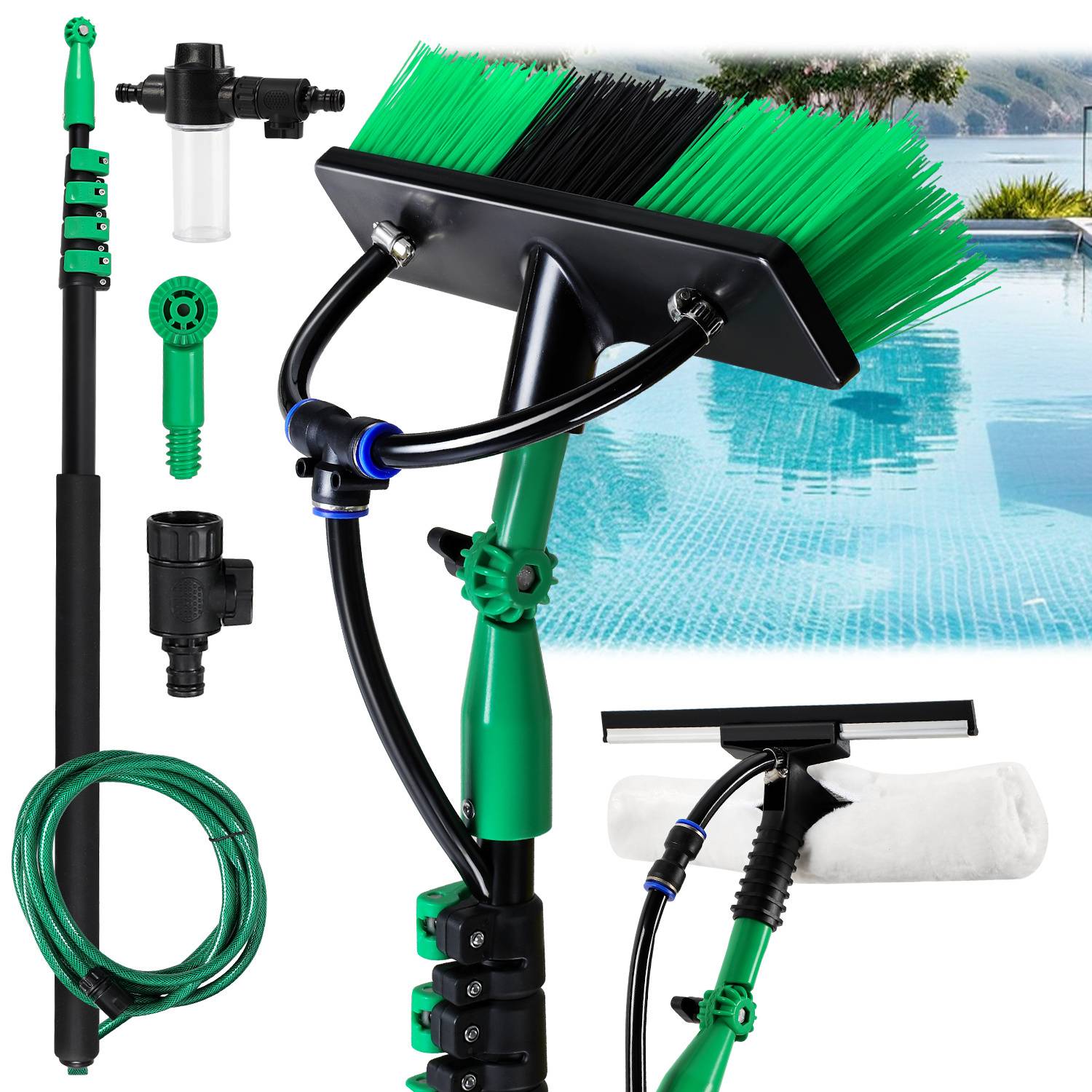 Poolreinigungsset mit ausziehbarem Stab, Bürstenkopf, Schlauch und Filter, dargestellt vor einem klaren Swimmingpool.