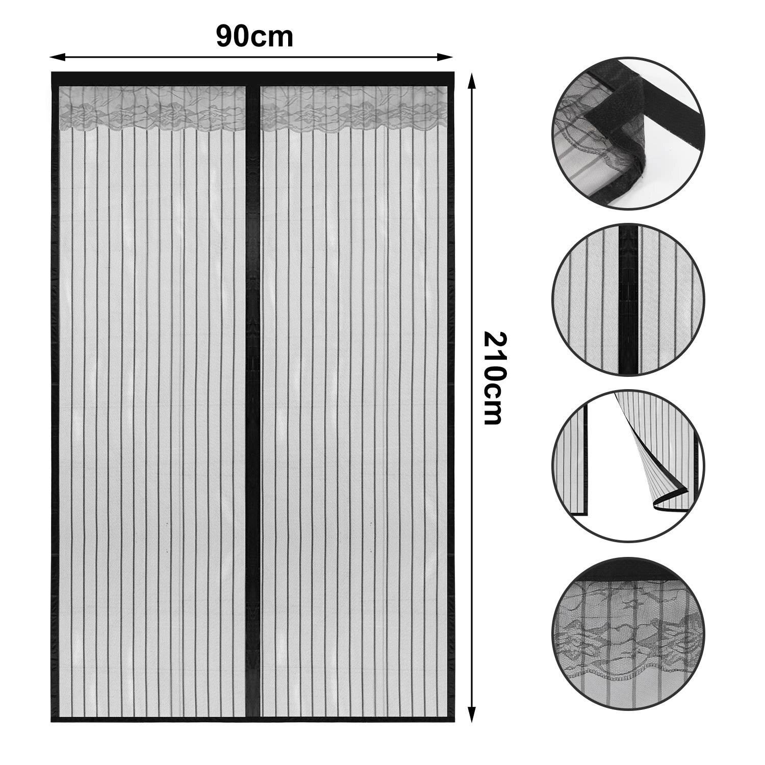 Magnetischer Türfliegengitter mit den Abmessungen 90 cm x 210 cm, das seinen Verschlussmechanismus und die Maschendetails in Seitenkreisen zeigt.