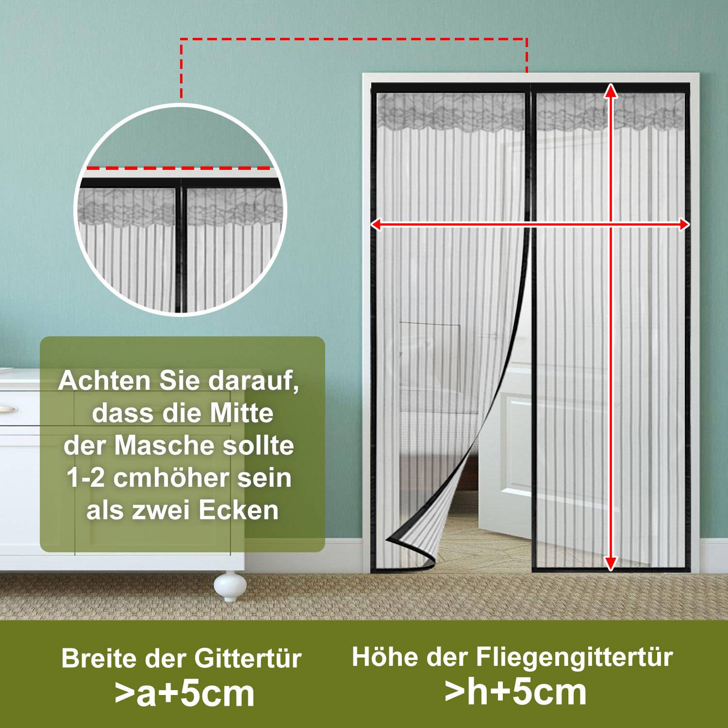 Ein Raum mit einer offenen Gittertür und ein Text in deutscher Sprache empfiehlt, dass das Gitter an zwei Ecken 1-2 cm entfernt sein sollte, was auf Breiten- und Höhenverstellungen hinweist.