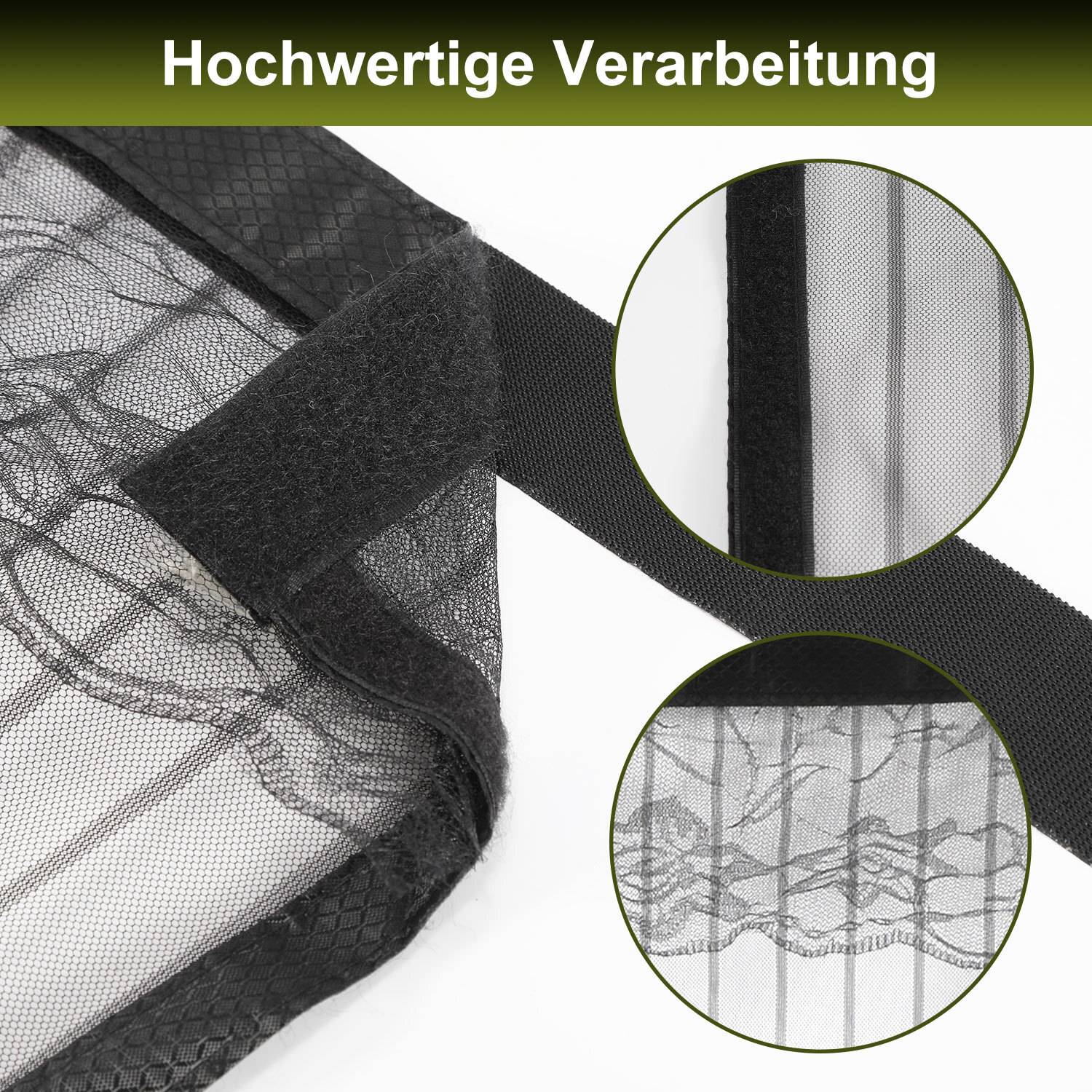 Mesh-Stoff mit Nahaufnahmen, die Textur und Qualität zeigen. Der deutsche Text „Hochwertige Verarbeitung