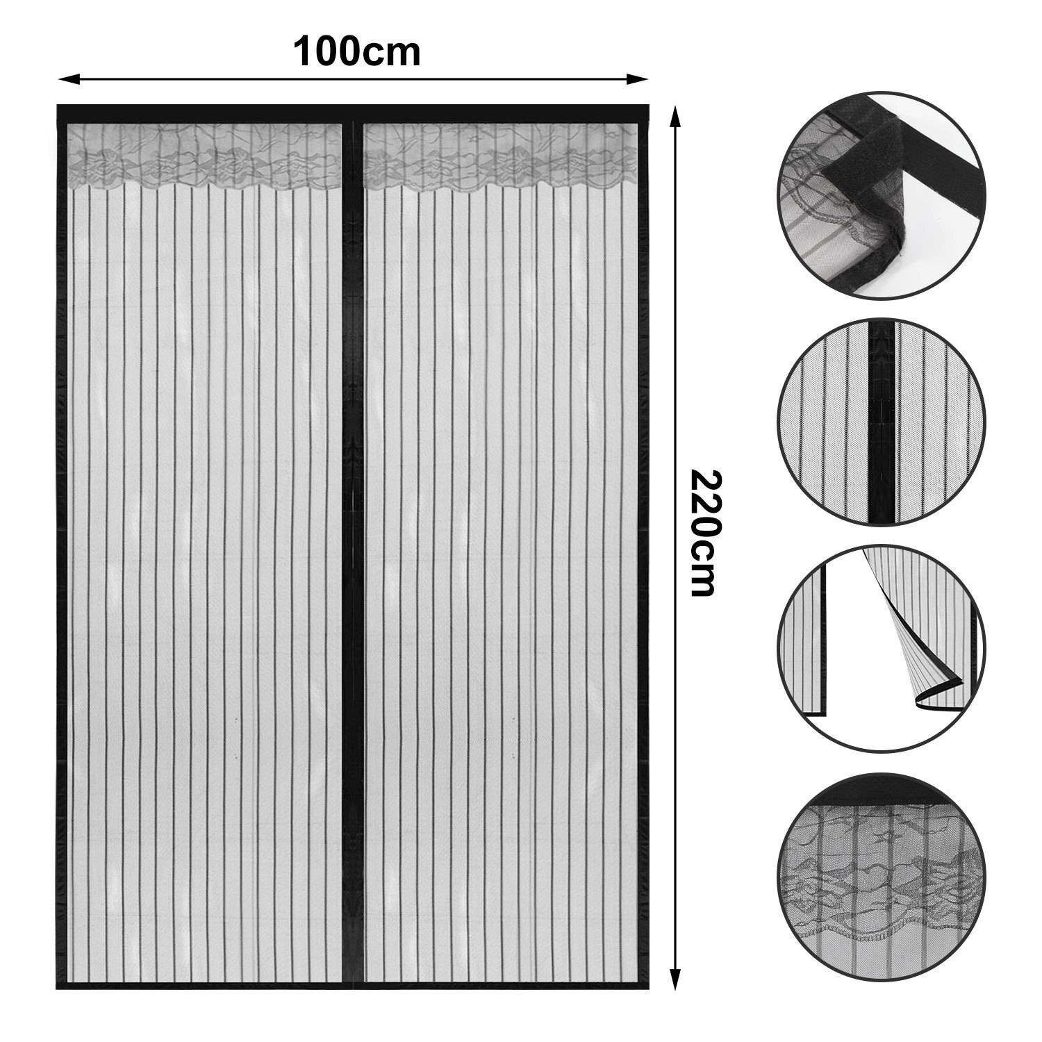 Magnetisches Fliegengitter für Türen, Maße 100 cm x 220 cm, mit Nahaufnahmen der magnetischen Verschlussleiste und des Maschengewebes im Detail auf der Seite.