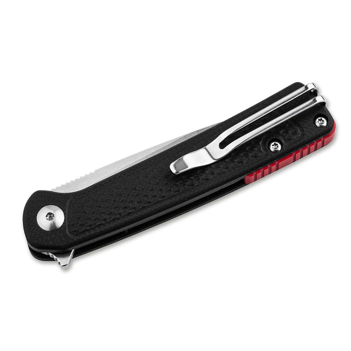 Ein geschlossenes schwarzes Klappmesser mit einer Metallklammer an der Seite, mit strukturiertem Griff und einer teilweise sichtbaren Messerkante.