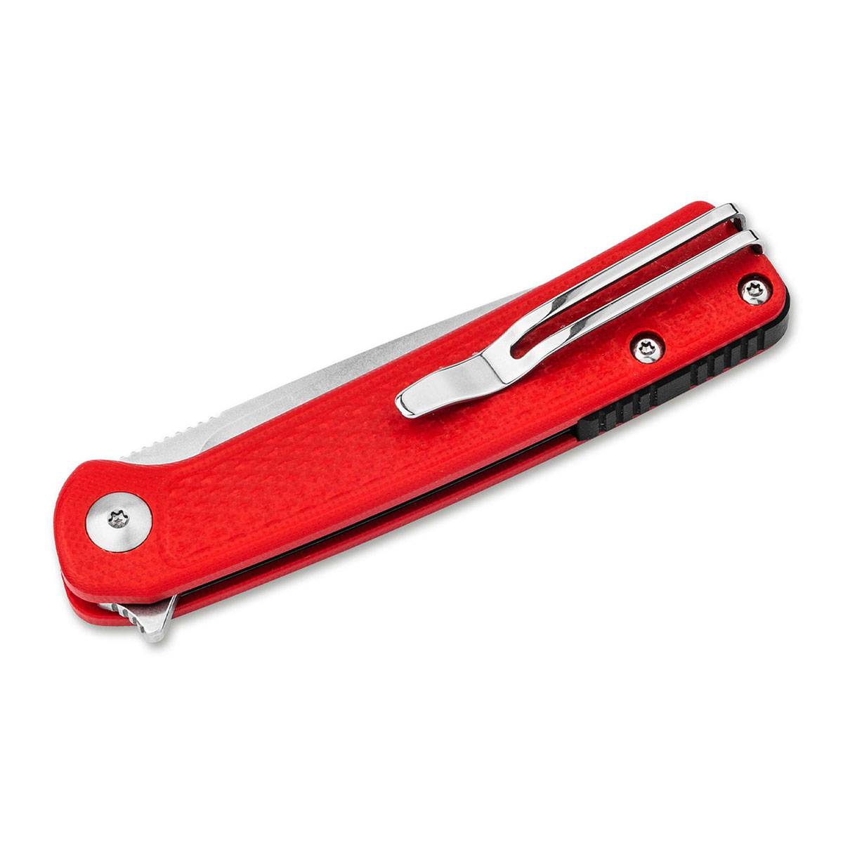 Ein rotes zusammenklappbares Taschenmesser mit geschlossener Klinge und einem Metallclip an der Seite zum einfachen Befestigen.