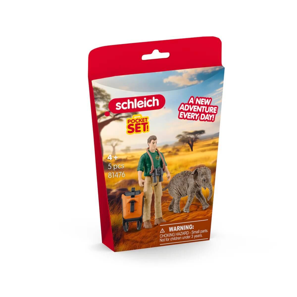 Ein Spielzeug-Set in einer Verpackung mit einer Figur und Tieren in einer Savannen-Szenerie. Der Text lautet: „Schleich Pocket Set