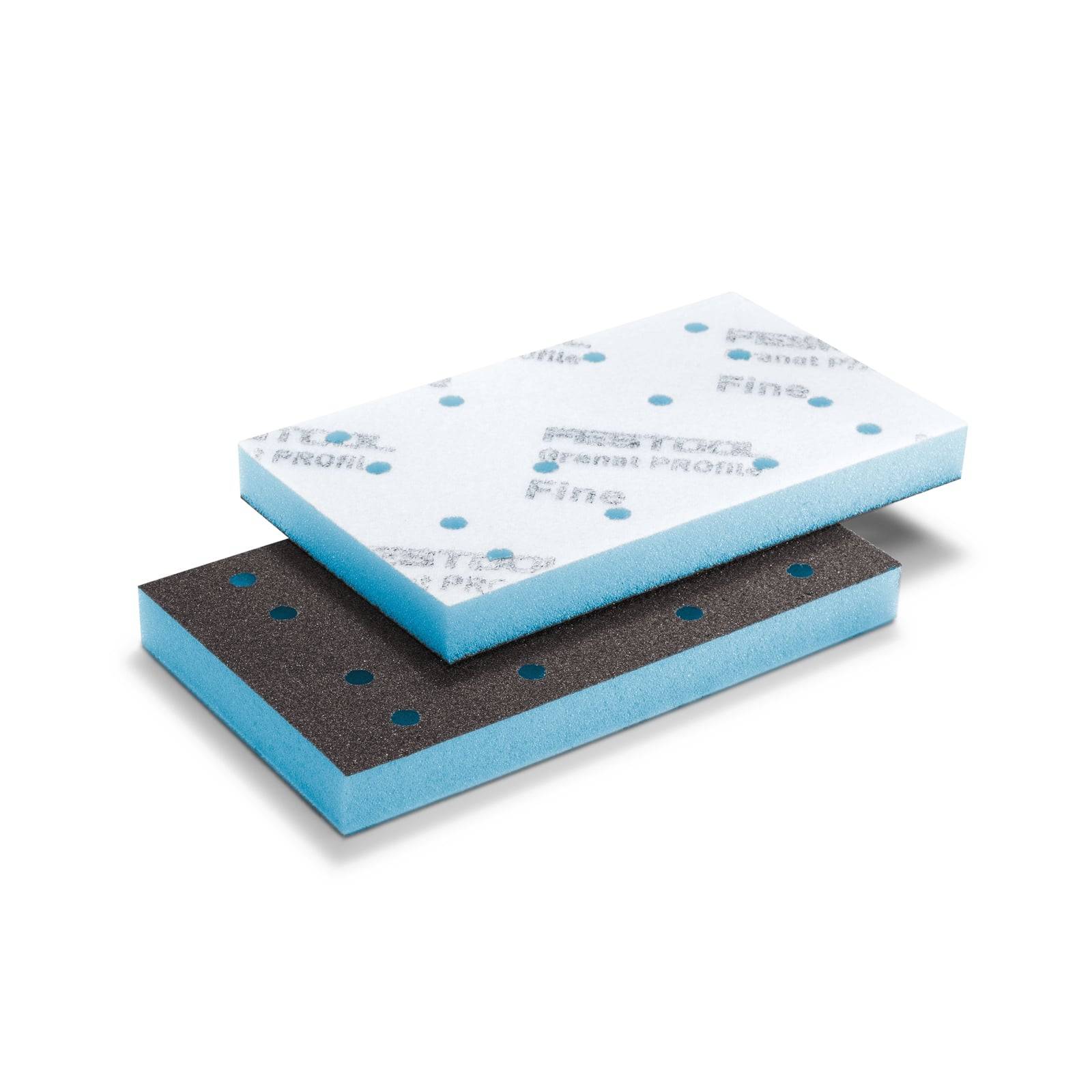 Zwei rechteckige Schleifpads, eines schwarz und eines weiß, gestapelt. Beide haben blaue Kanten und kreisförmige Löcher. Sie sind mit „Profili