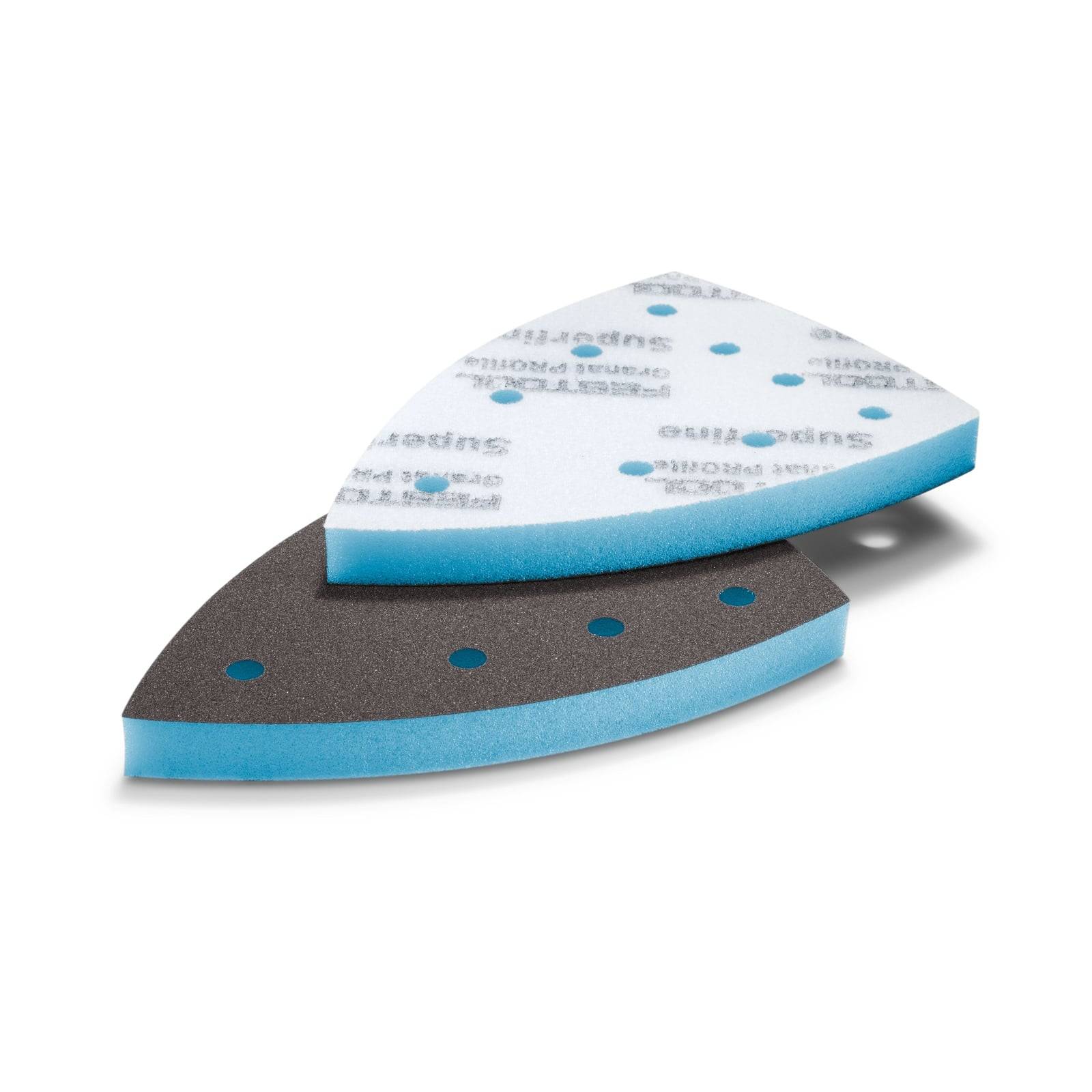 Ein Schleifpadschwamm mit blauer Grundlage und schwarzer Oberfläche, entwickelt zum Polieren oder Glätten von Oberflächen, in einer detaillierten Nahaufnahme gezeigt.