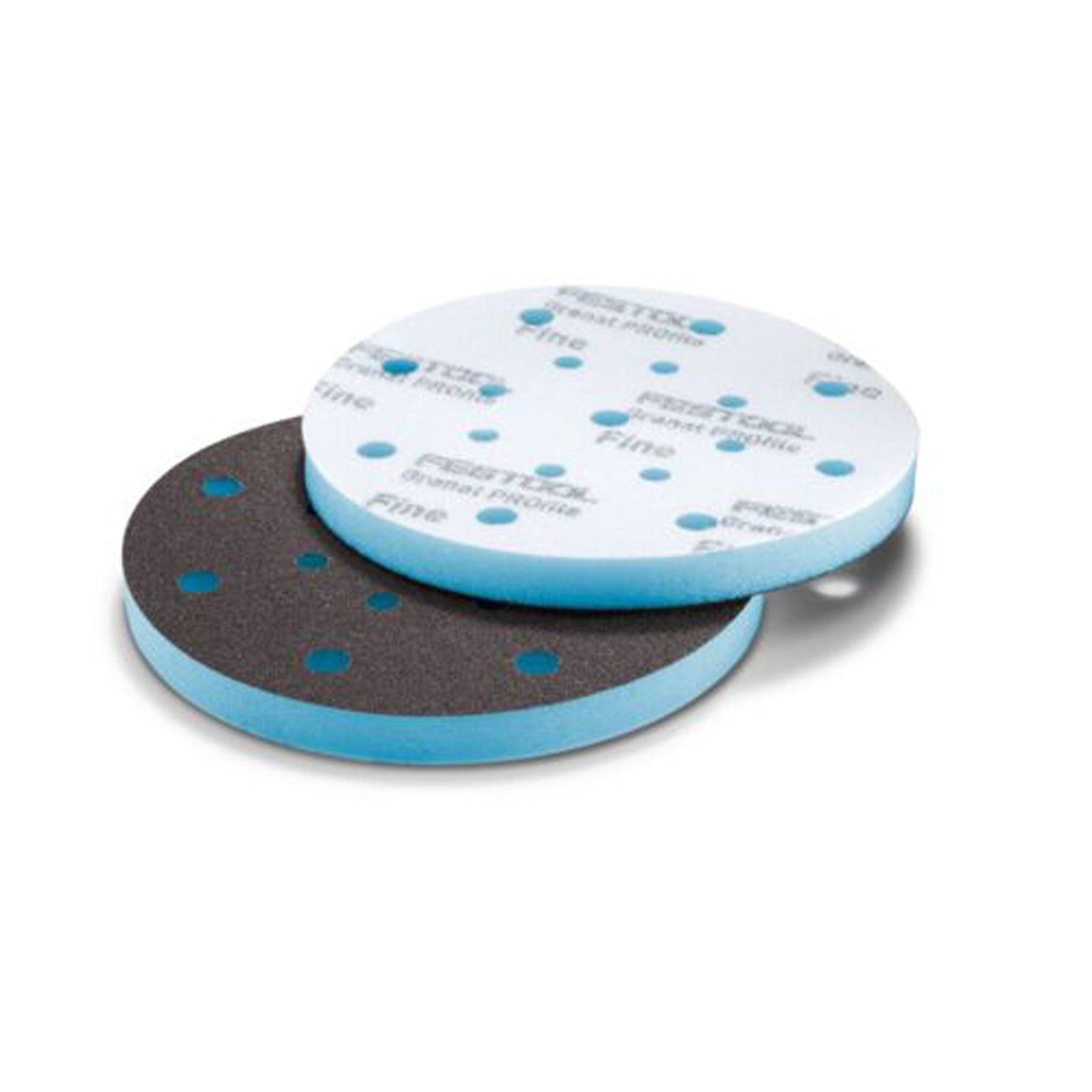 Zwei gestapelte runde Schleifteller, einer schwarz und einer weiß mit blauer Schrift und Löchern zur Staubabsaugung.