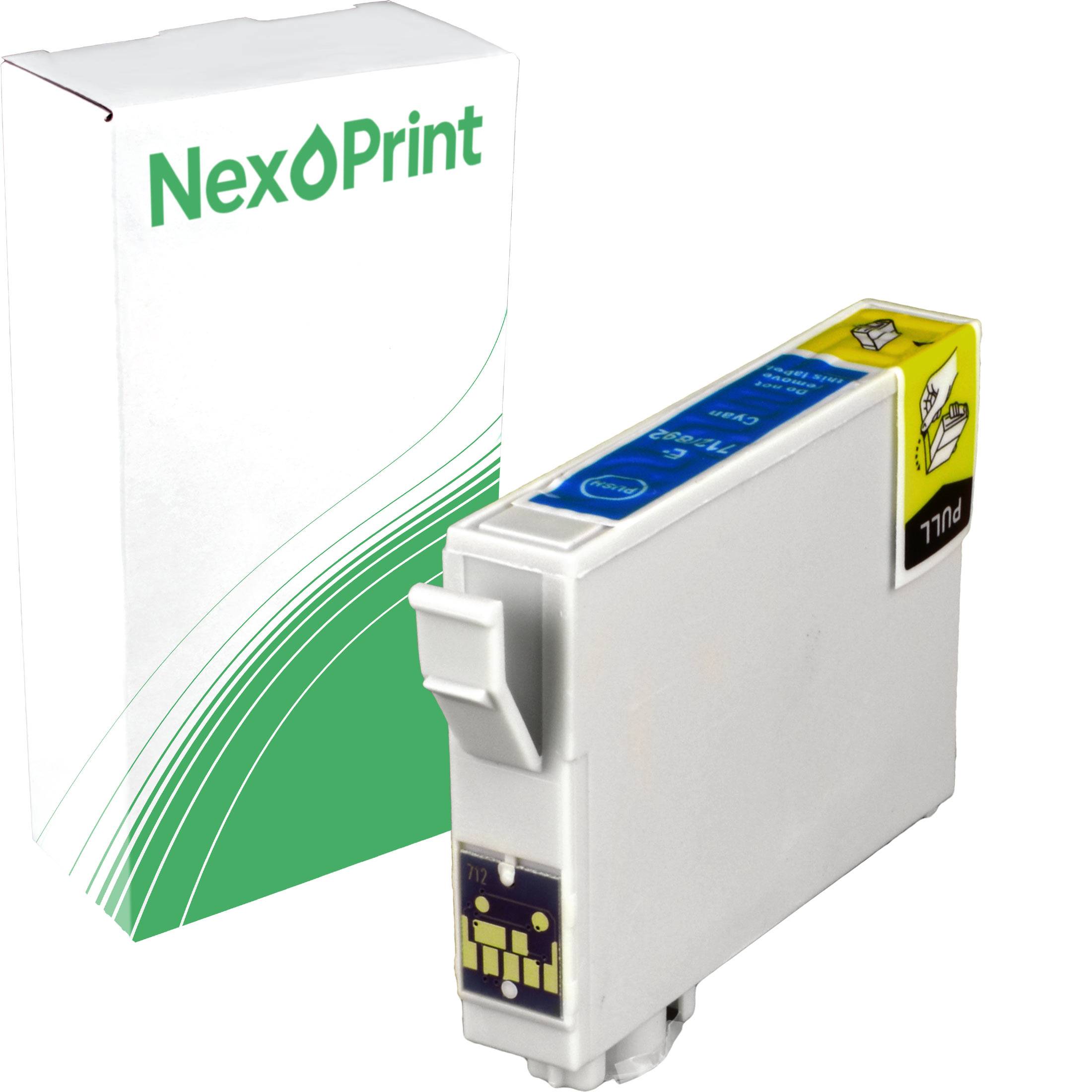 Tintenpatrone für NexPrint-Drucker mit blauen und gelben Details vor einer Markenbox mit grünem Wellenmuster auf der Seite.