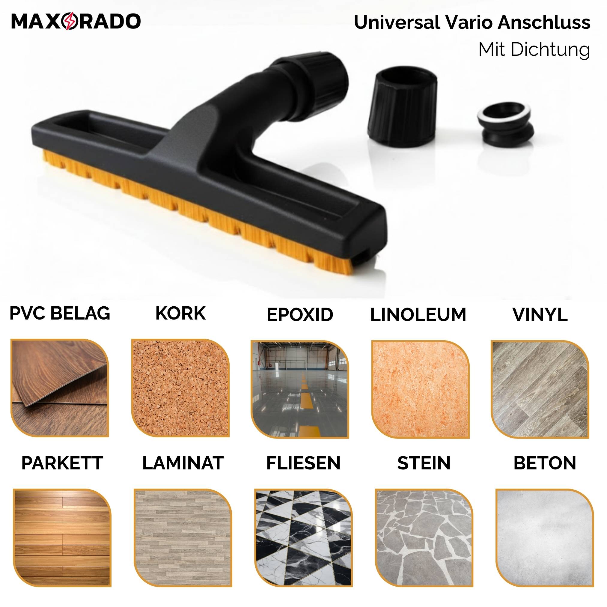Universelles Staubsauger-Zubehörteil in Schwarz mit der Bezeichnung „Maxorado Universal Vario Anschluss Mit Dichtung.