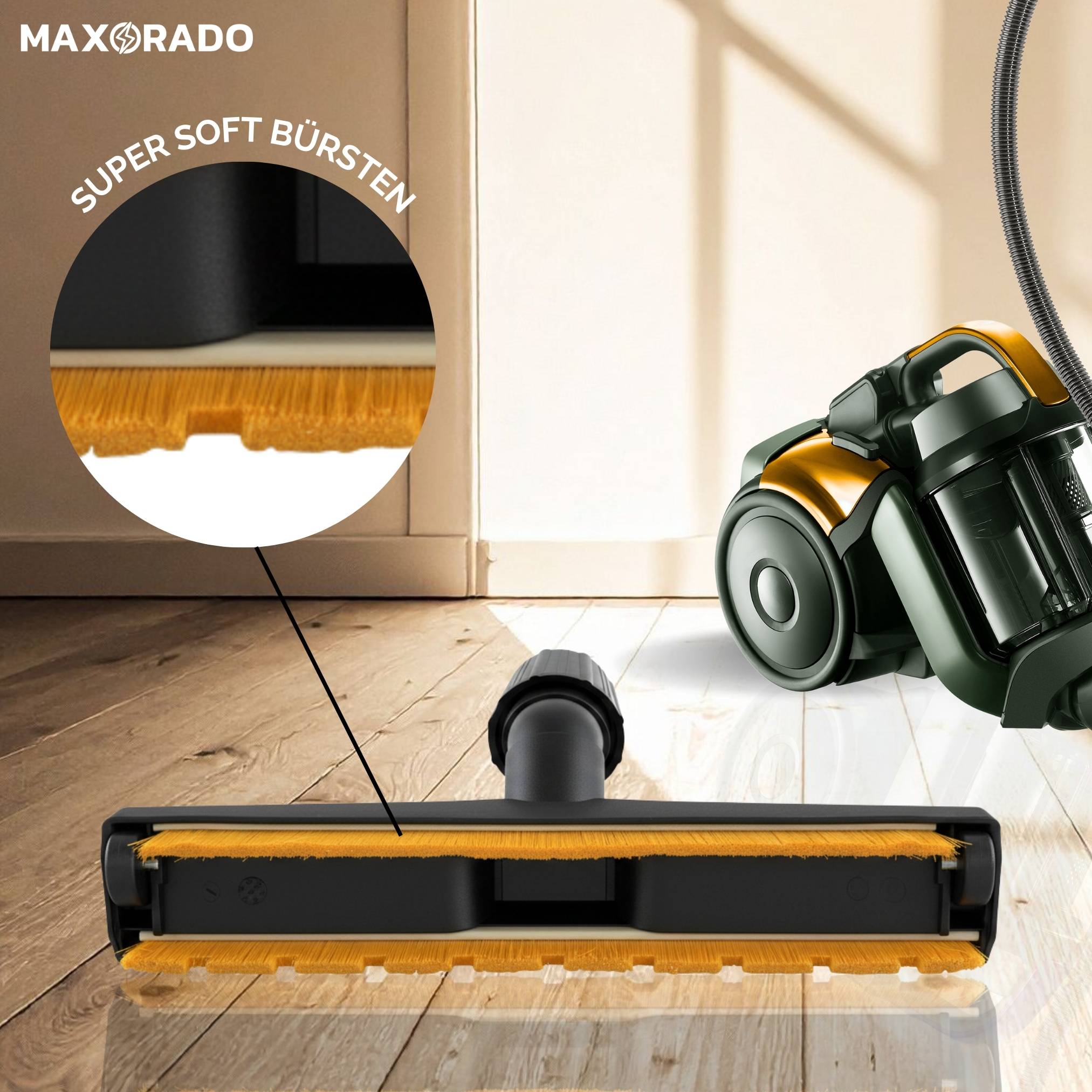 Ein Staubsauger steht auf einem Holzboden. Eine vergrößerte Detailaufnahme zeigt seine weiche Bürstenfunktion mit der Bezeichnung „SUPER SOFT BÜRSTEN