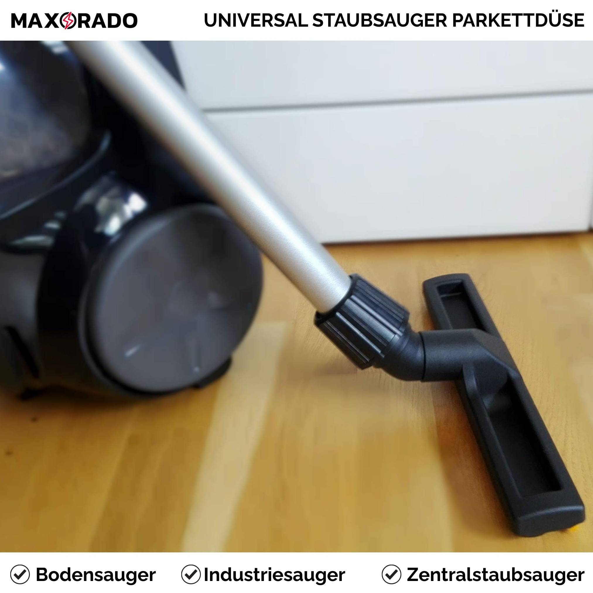 Universelle Staubsaugerbürste für Parkettböden, die einen Staubsauger mit einem spezialisierten Aufsatz für Hartböden zeigt.