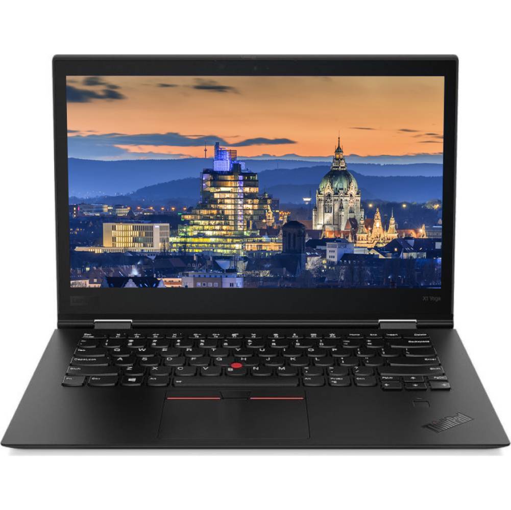 Laptop offen mit einer Stadtsilhouette in der Abenddämmerung, mit Gebäuden und einer Kathedrale vor einem bergigen Hintergrund.