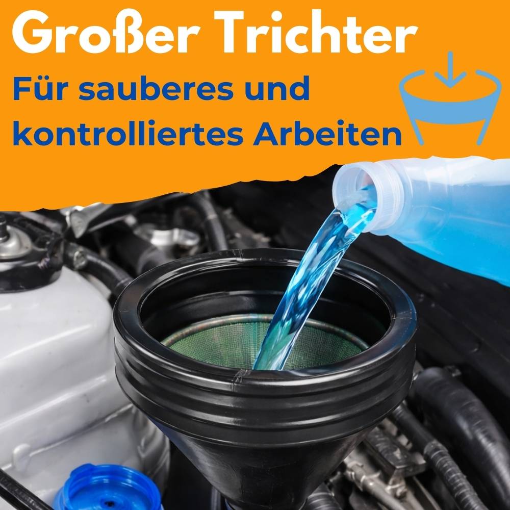 Blaue Flüssigkeit wird in einen großen schwarzen Trichter in einem Motorraum gegossen. Der Text auf Deutsch lautet: 