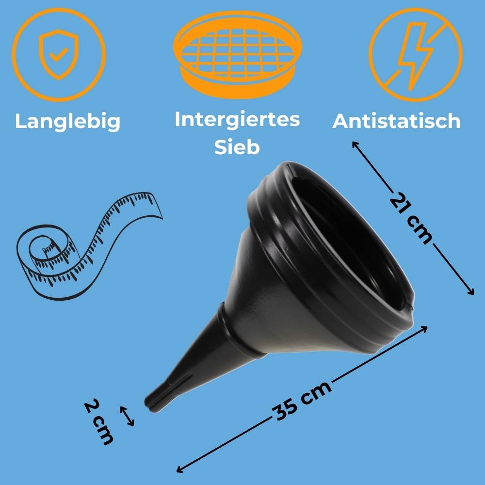 Ein langlebiger, antistatischer Trichter mit integriertem Sieb, 21 cm hoch, 35 cm breit und mit 2 cm Ausgussdurchmesser, auf blauem Hintergrund.