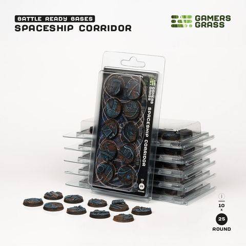 Ein Satz runder Miniaturbasen mit der Bezeichnung „Spaceship Corridor