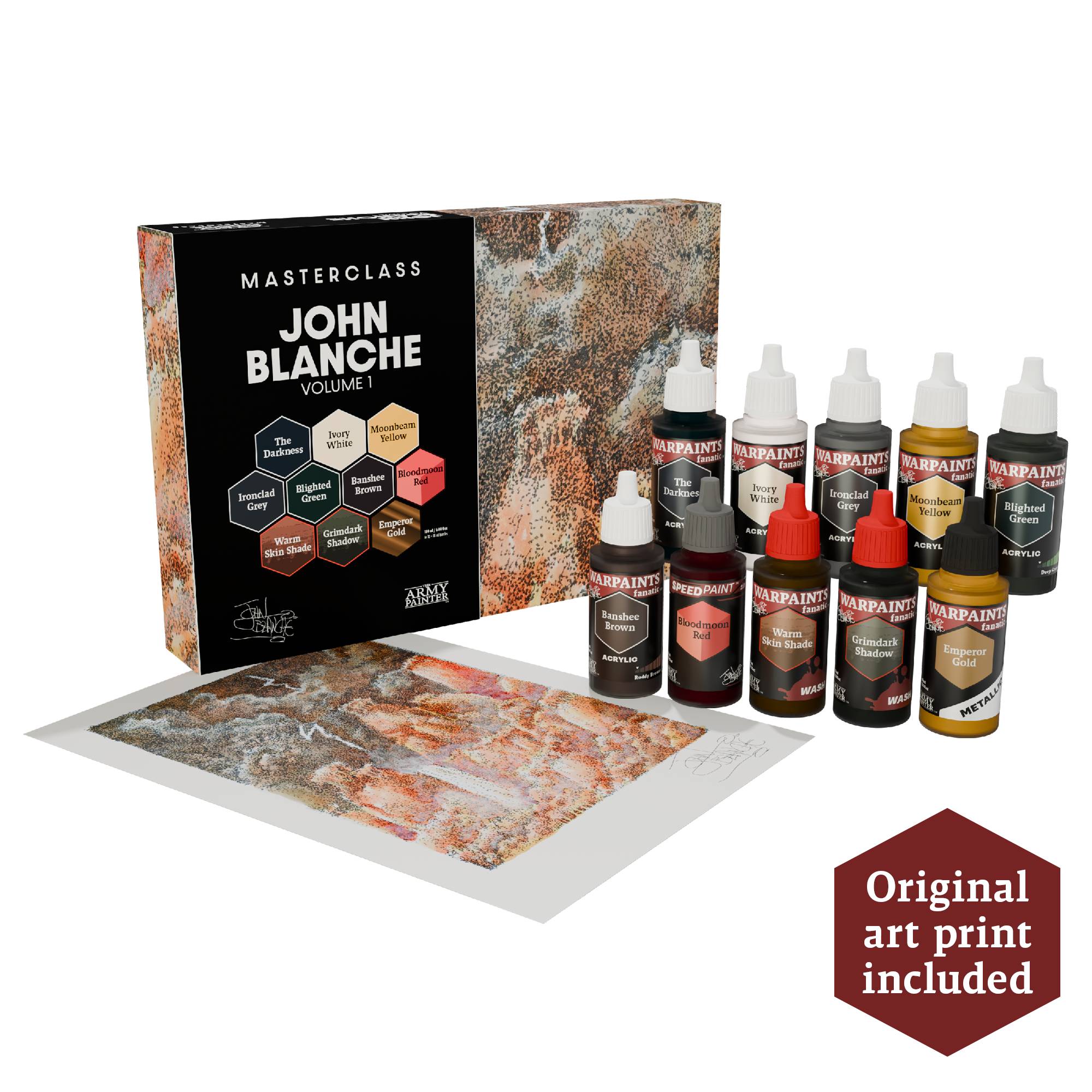 ‚Masterclass John Blanche Volume 1' Boxset mit neun Farbflaschen und einem Kunstdruck im Lieferumfang enthalten.
