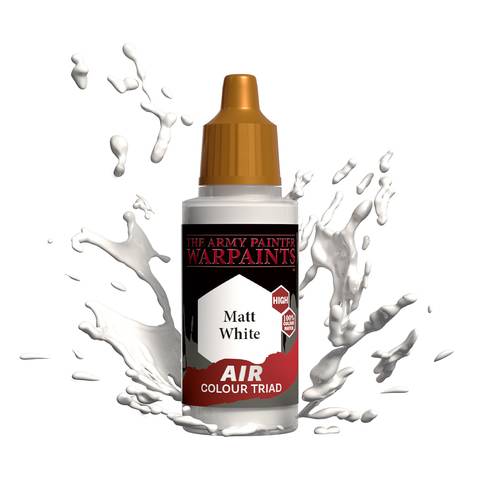 Eine Flasche The Army Painter Warpaints, beschriftet mit „Matt White - Air Colour Triad