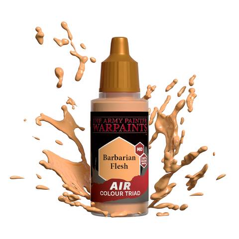 Bild einer Flasche 'Barbarian Flesh' Airbrush-Farbe von The Army Painter, mit Farbspritzern um sie herum.