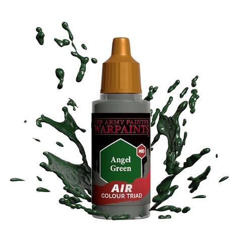 Eine Flasche Angel Green Farbe aus der The Army Painter Warpaints Air Colour Triad, mit grünen Spritzern, die sie umgeben.