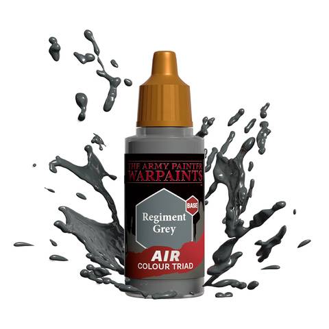 Eine Flasche Regiment Grey Airbrush-Farbe mit Spritzern rundherum, beschriftet mit 'The Army Painter Warpaints'.