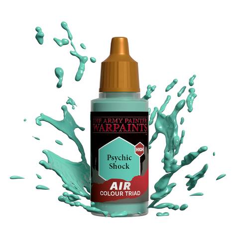 Die Army Painter Warpaints AIR Farbtriade - Psychic Shock' Farbflasche mit türkisfarbenen Spritzern darum herum, die eine lebendige, dynamische Verwendung andeuten.