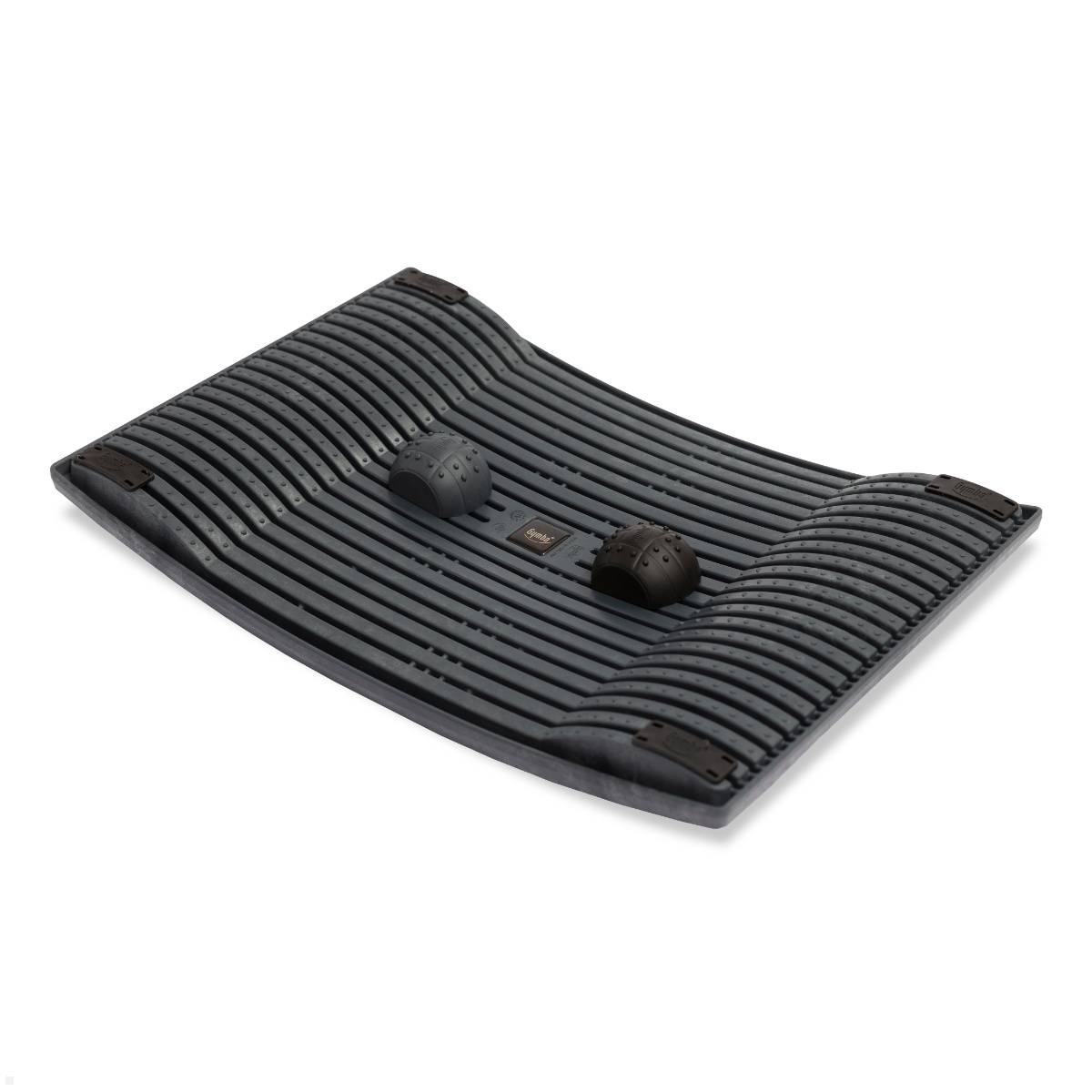 Gekrümmter Fußmassager mit Holzrippen und schwarzen Knöpfen in der Mitte zum Ausüben von Druck auf die Füße, entwickelt zur Entspannung und Stressabbau.