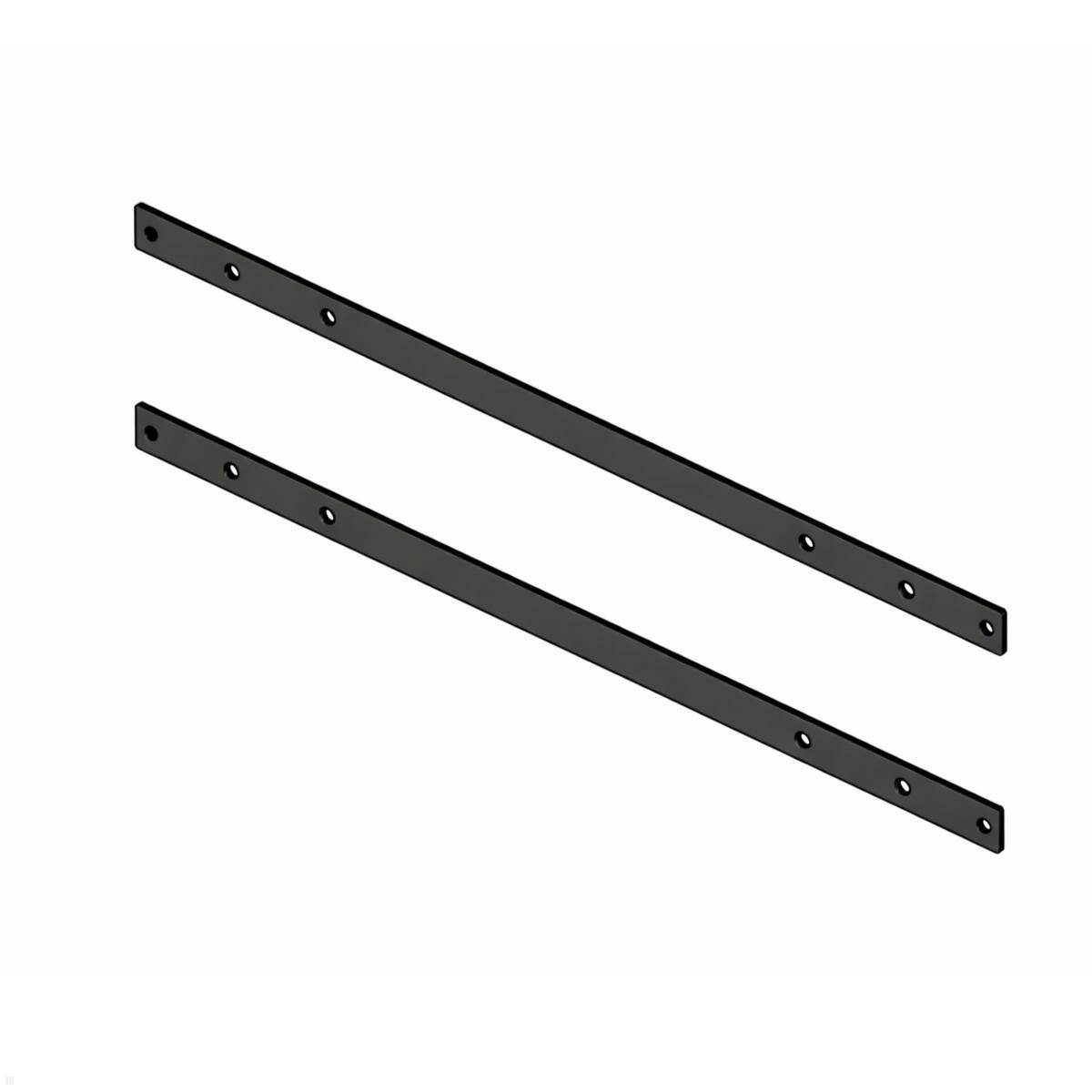 Zwei lange, schwarze Metallwinkel, jeder mit sechs Löchern, parallel zueinander positioniert, verwendet zur Montage oder strukturellen Unterstützung.