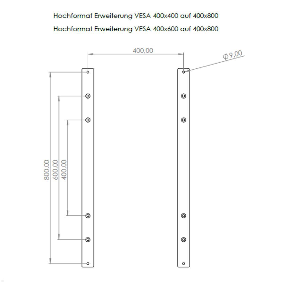 Diagramm zeigt 'Hochformat Erweiterung VESA 400x400 auf 400x800'. Vertikale Erweiterungen mit beschrifteten Abmessungen 400,00 und 600,00, Lochstärke Ø 9,00.