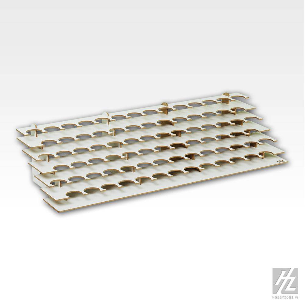 Laser-geschnittener Halter aus MDF für bis zu 70 Fächer, konzipiert zur Organisierung von elektronischen Bauteilen.