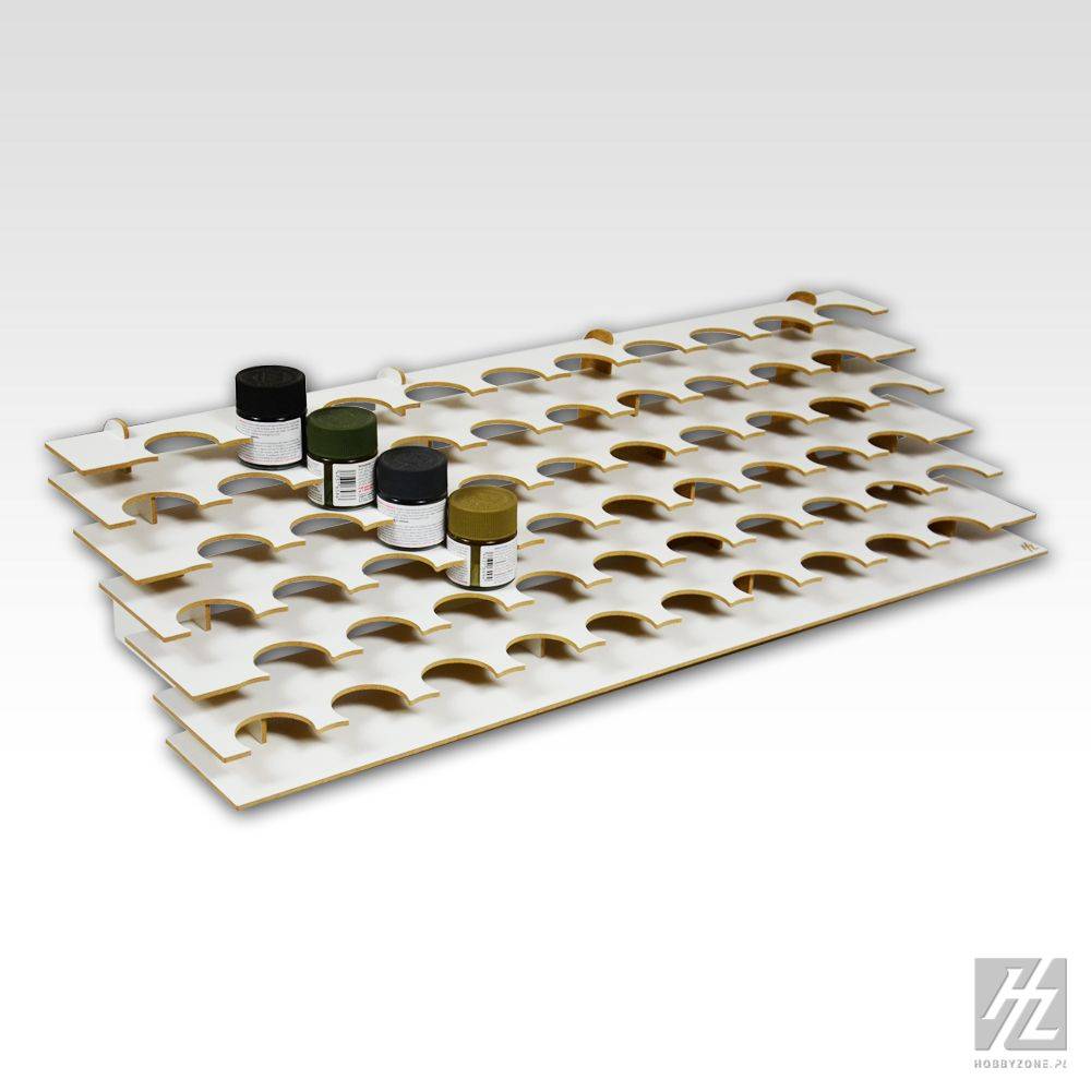 Ein Stapel modularer Farb-Organizer-Regale mit vier Farbtöpfen, die effiziente Lagerung für Hobbyisten oder Künstler zeigen.