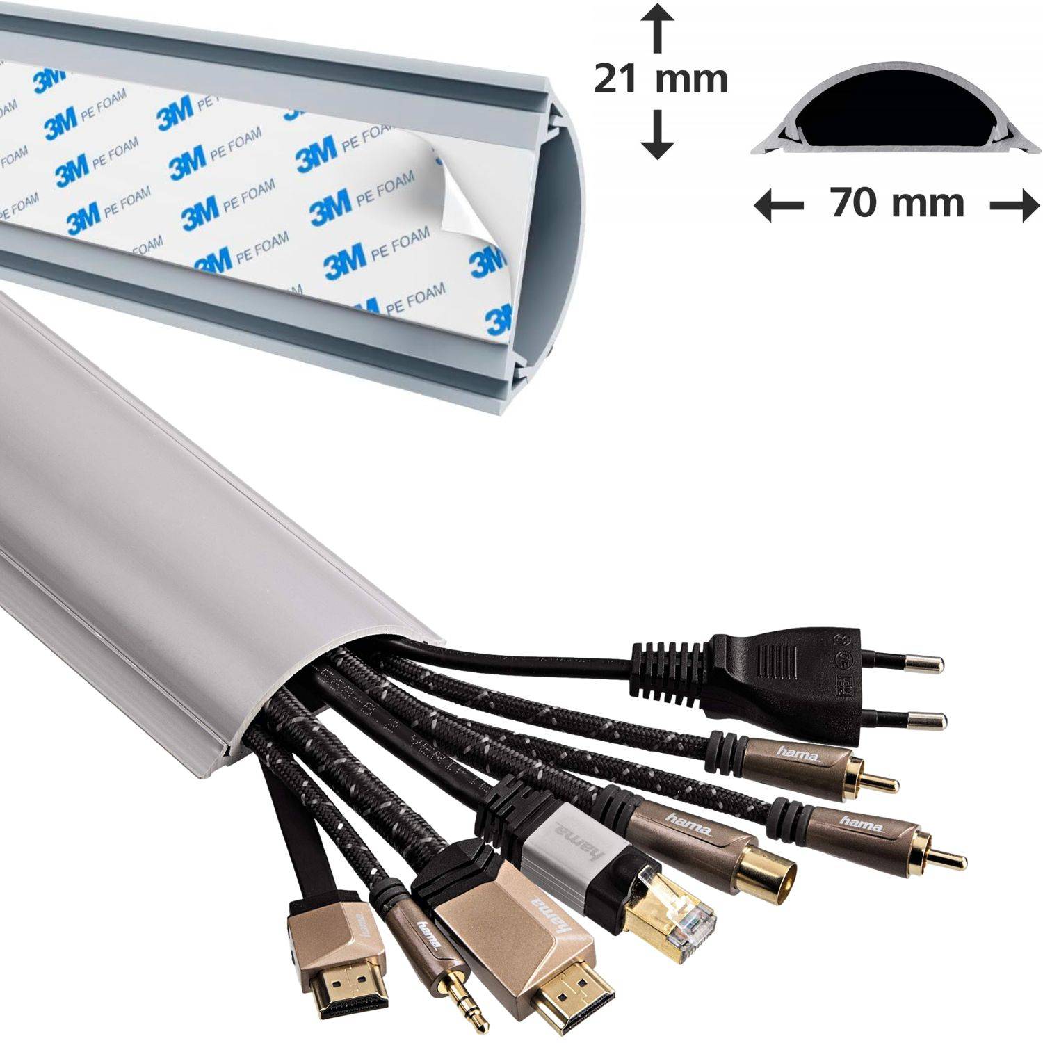 Kabelführungssystem mit Abdeckung, das verschiedene Strom- und audiovisuelle Kabel im Inneren organisiert zeigt. Abmessungen: 21 mm x 70 mm.