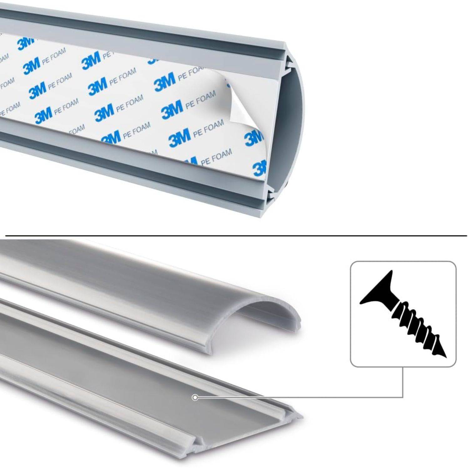 Kabelabdeckung mit Klebstoff-Rückseite und Schrauben, konzipiert zum Organisieren und Verbergen von Kabeln. Verfügt über einen beweglichen Deckel für einfachen Zugriff.
