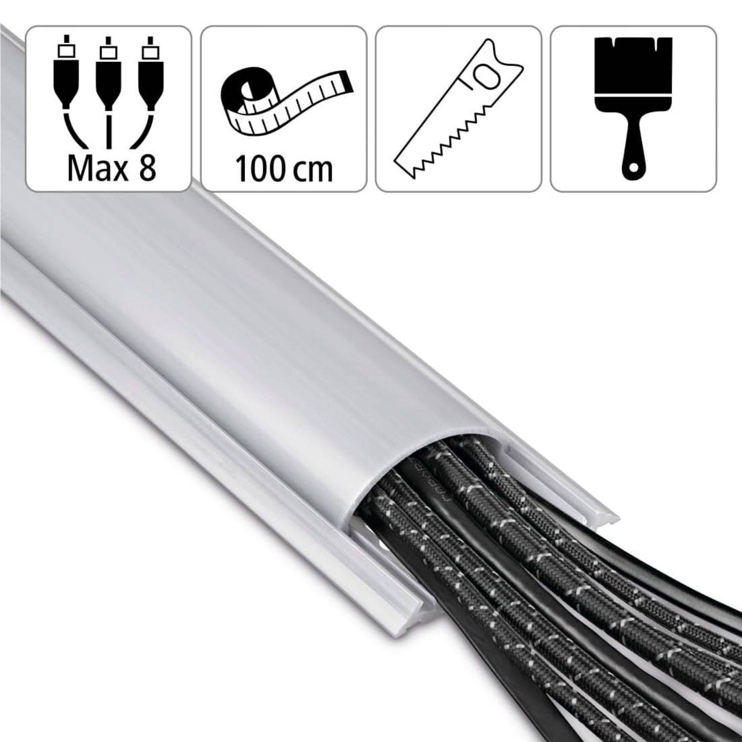 Kabelführungskanal' zeigt Kabel, die in einem grauen Kanal eingeschlossen sind. Symbole zeigen, dass er bis zu 8 Kabel aufnehmen kann, 100 cm lang ist und eine Säge und eine Bürste zur Installation enthält.