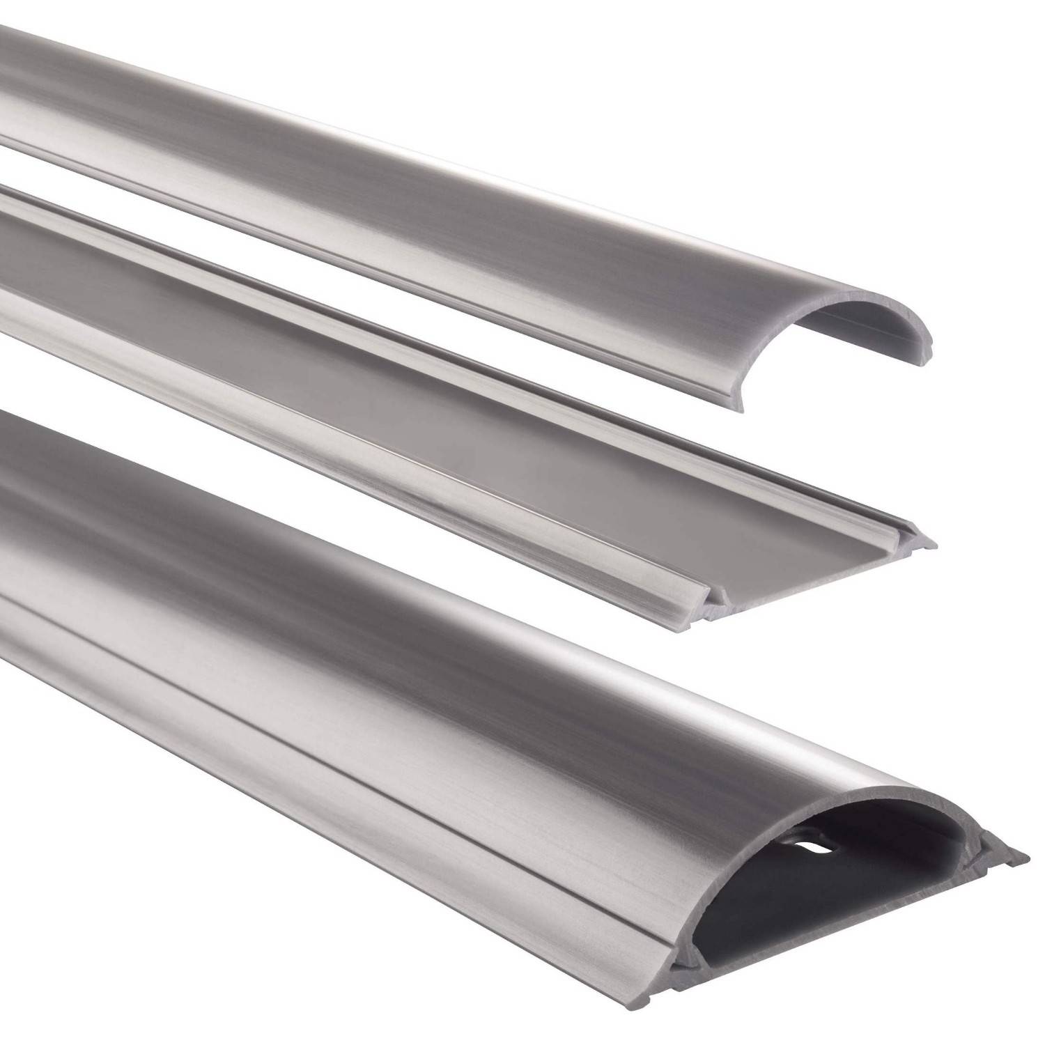 Drei gebogene Metalltrimleisten in unterschiedlichen Formen. Sie scheinen Baumaterialien zu sein, die möglicherweise zum Abschließen von Kanten oder Nähten verwendet werden.