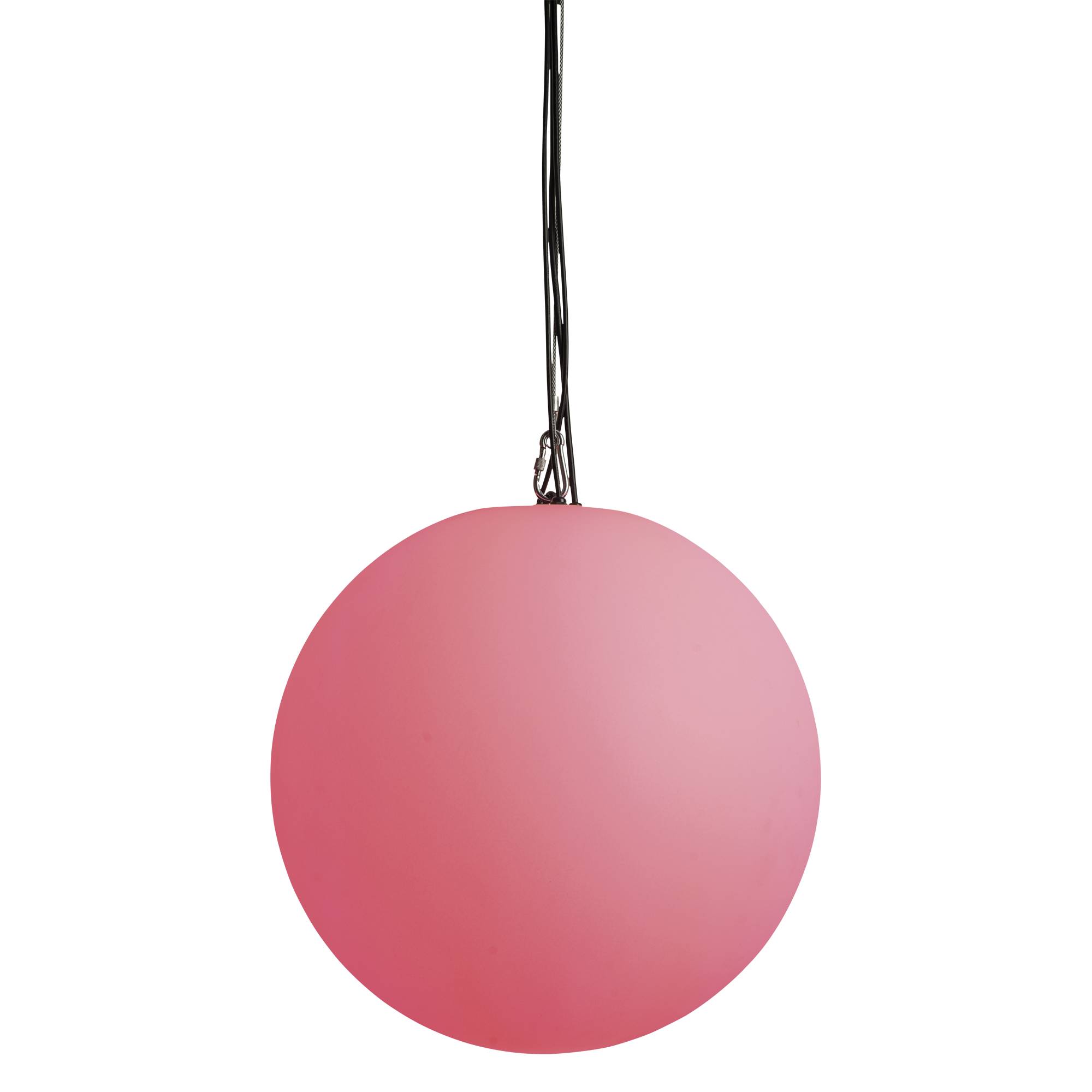 Ein rundes, rosa Pendelleuchten-Gehäuse mit einem schwarzen Kabel vor schwarzem Hintergrund.