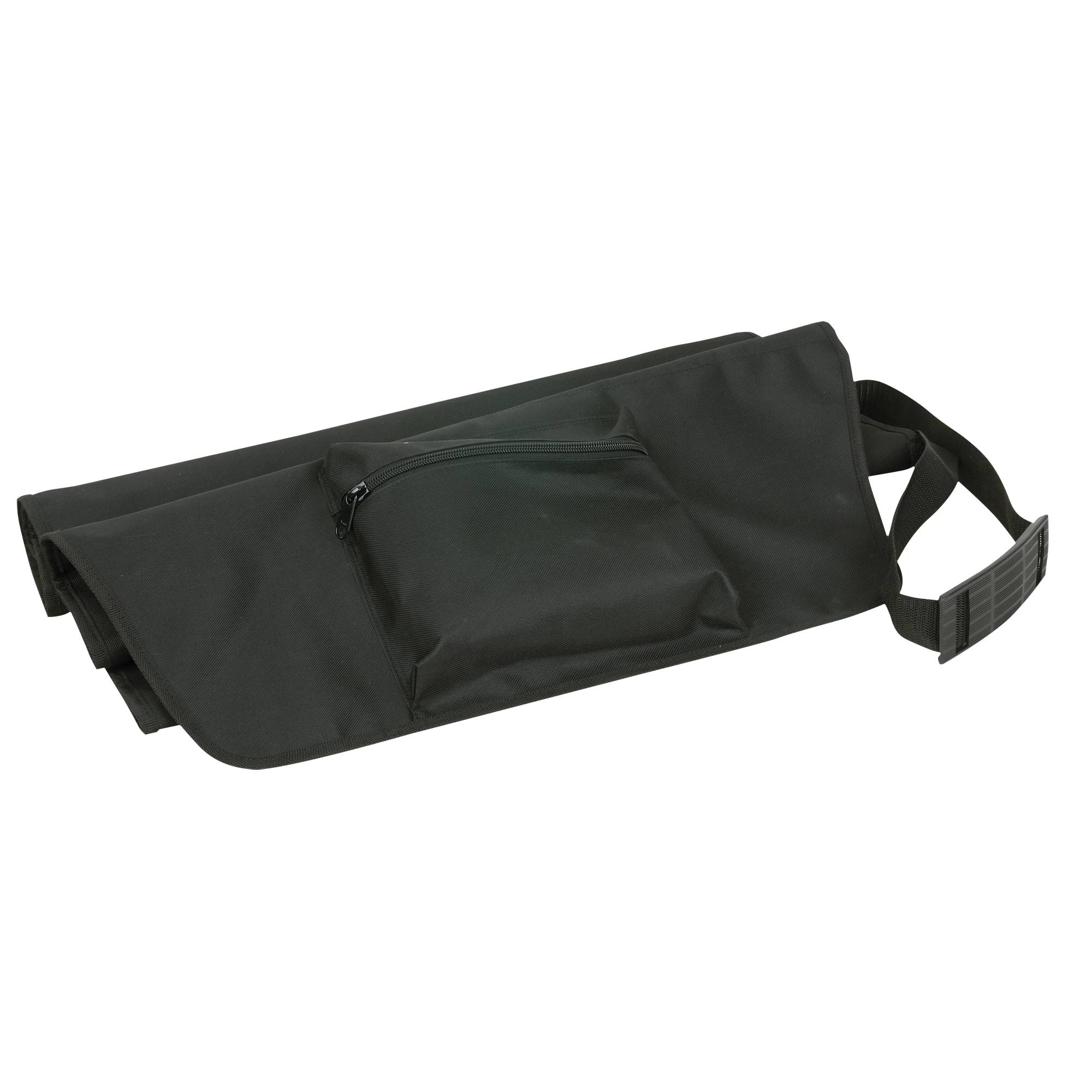 Eine schwarze, rechteckige Werkzeugtasche zum Zusammenrollen mit einer vorderen Reißverschlusstasche und einem Tragegriff an der Seite.