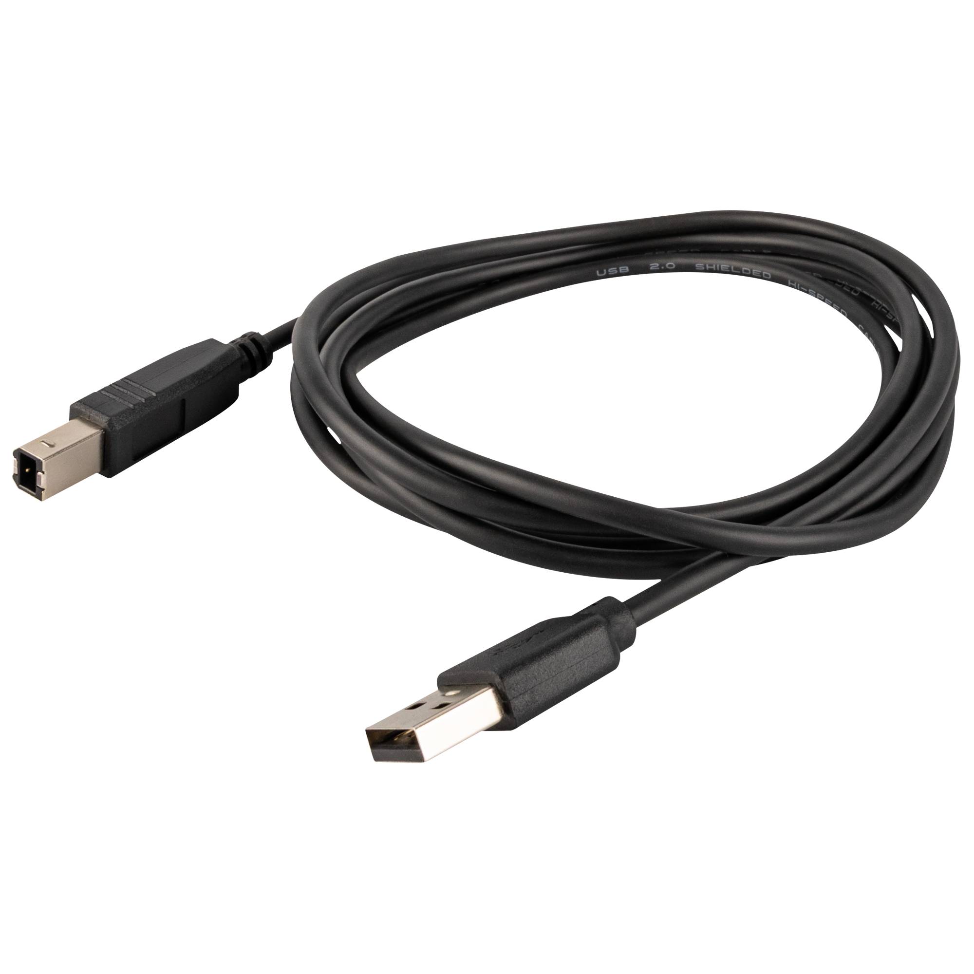 Ein schwarzes USB-Kabel mit Standard-Type-A- und Type-B-Anschlüssen, das zum Verbinden von Geräten wie Druckern mit Computern verwendet wird.