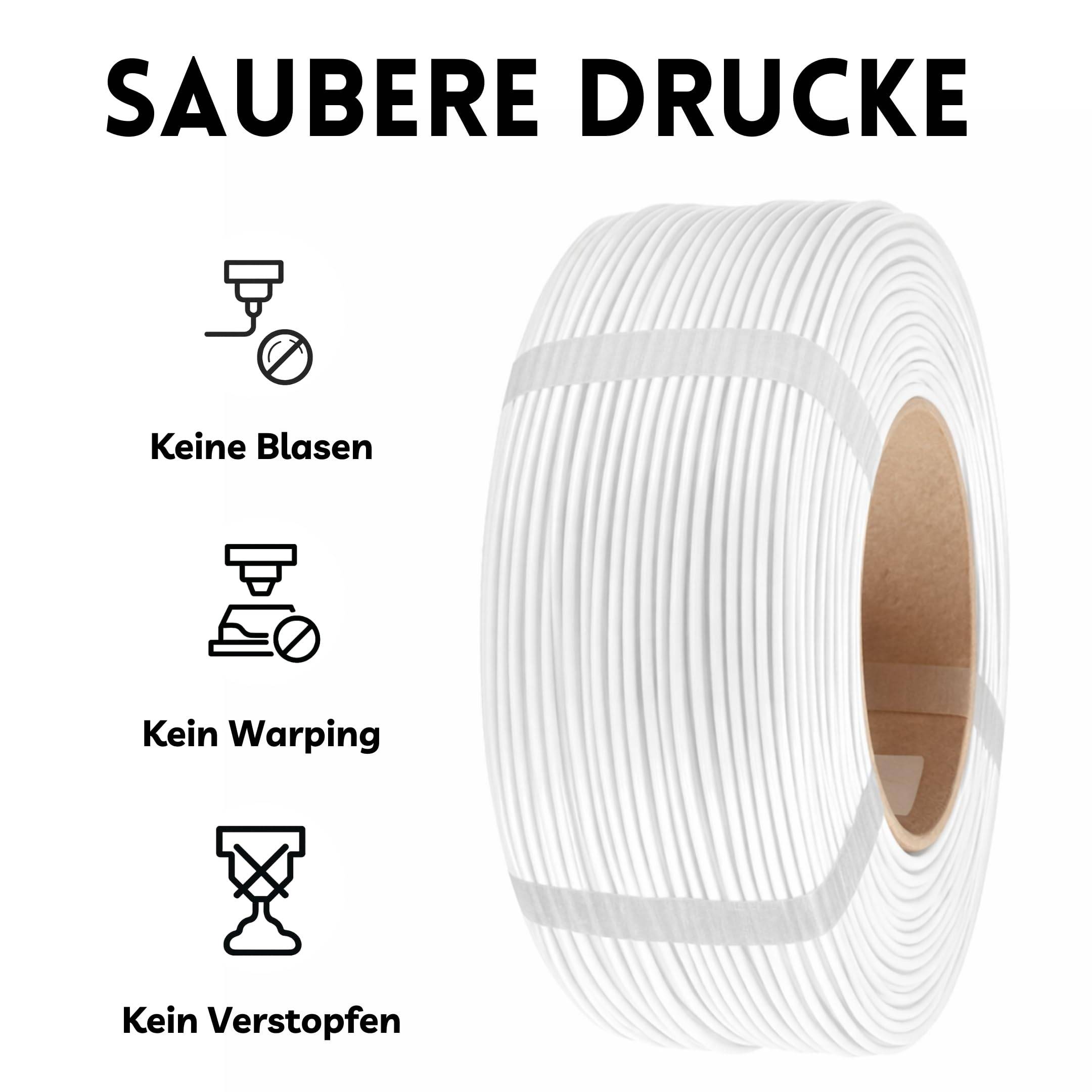 SAUBERE DRUCKE' Überschrift, Spule weißes Filament auf der rechten Seite. Icons auf der linken Seite: 'Keine Blasen', 'Kein Warping', 'Kein Verstopfen'.