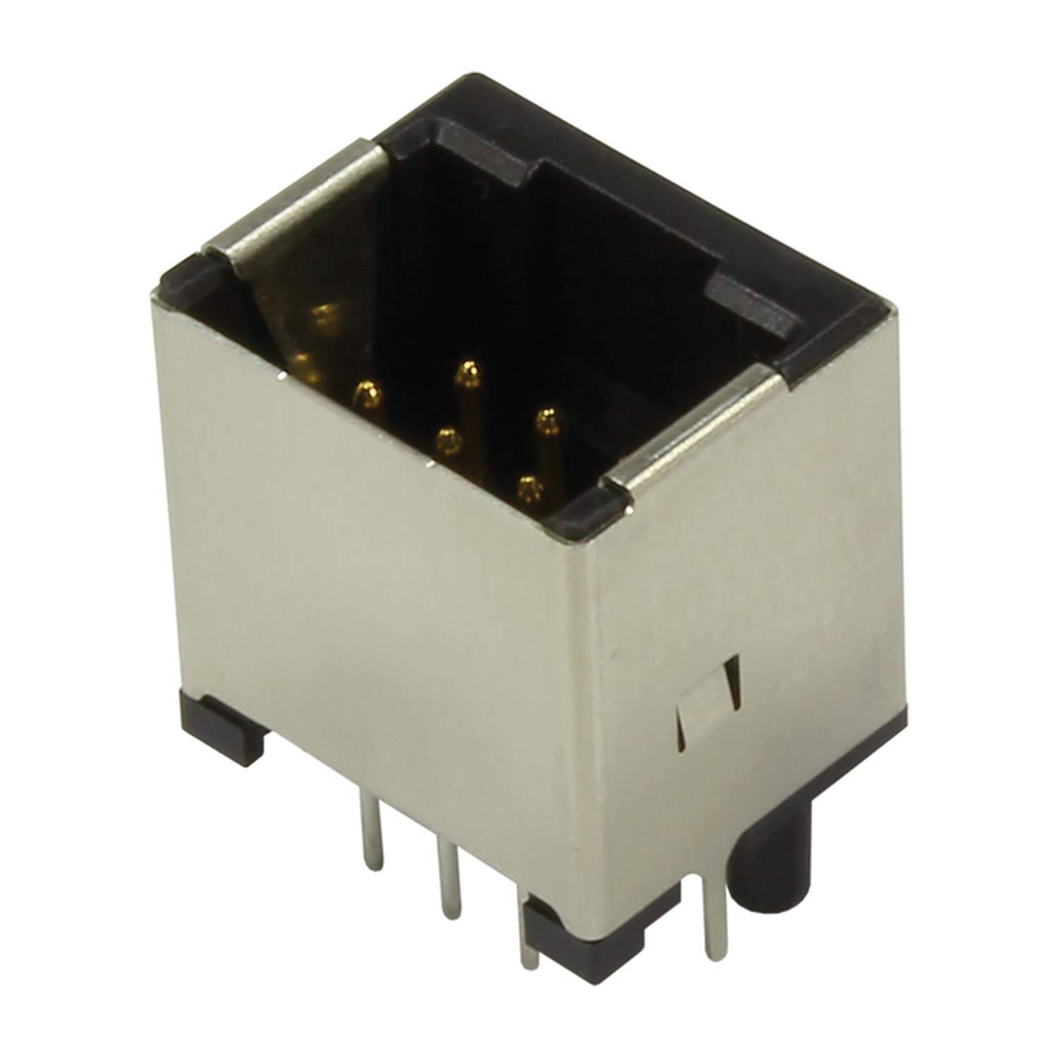 Ein rechteckiger Metall-Elektronikstecker mit mehreren vergoldeten Stiften, entwickelt für Leiterplatten und verwendet in verschiedenen elektronischen Geräten.