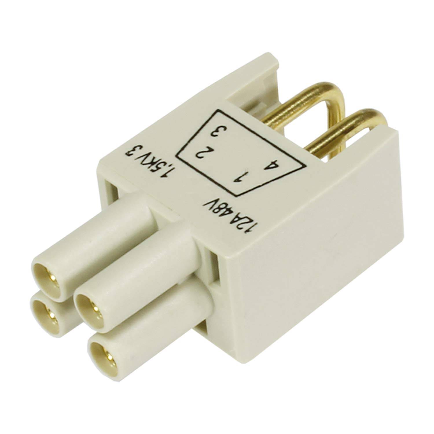 Ein 3-poliger weißer Elektrostecker mit der Beschriftung „12A 60V 1.5KVA