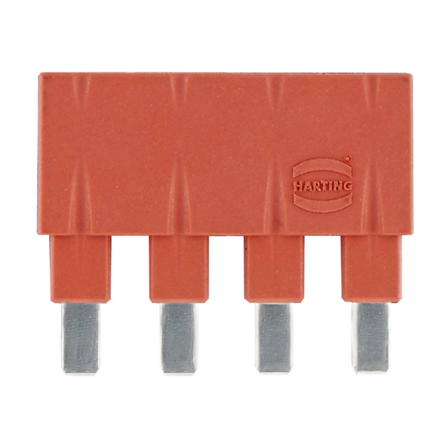 Orange vierpol Elektrosteckverbinder mit Metallstiften auf weißem Hintergrund, gekennzeichnet mit HARTING.
